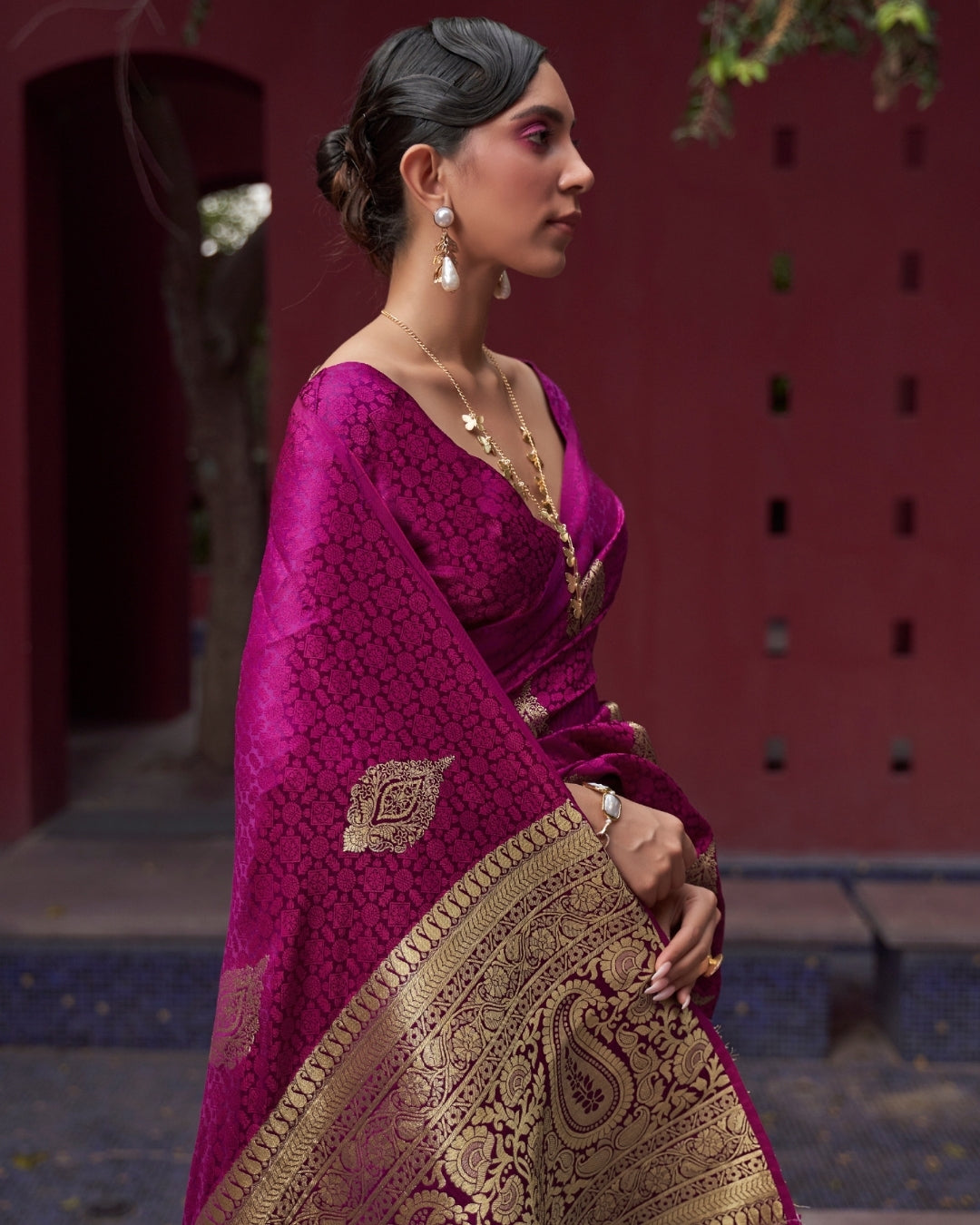 Magenta Satin Silk Self woven saree