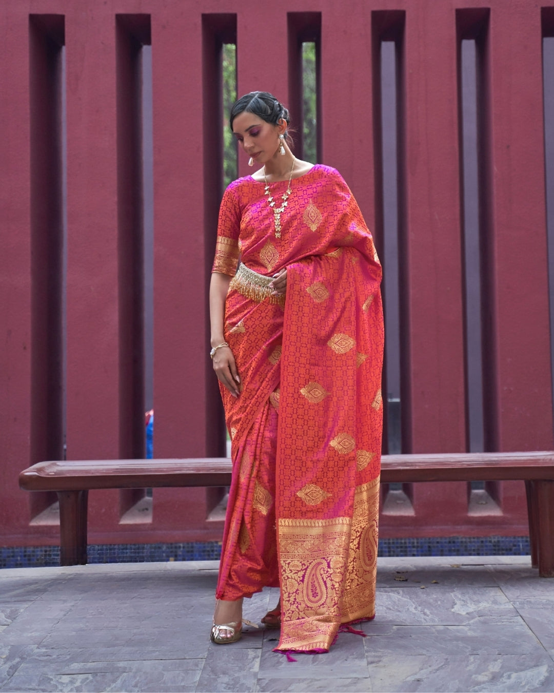Orange Satin Silk Self woven saree