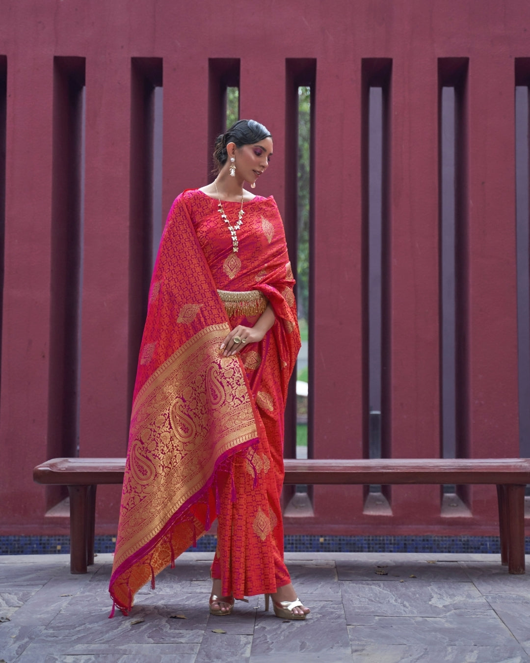 Orange Satin Silk Self woven saree