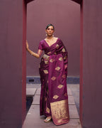 Wine Satin Silk Self woven saree
