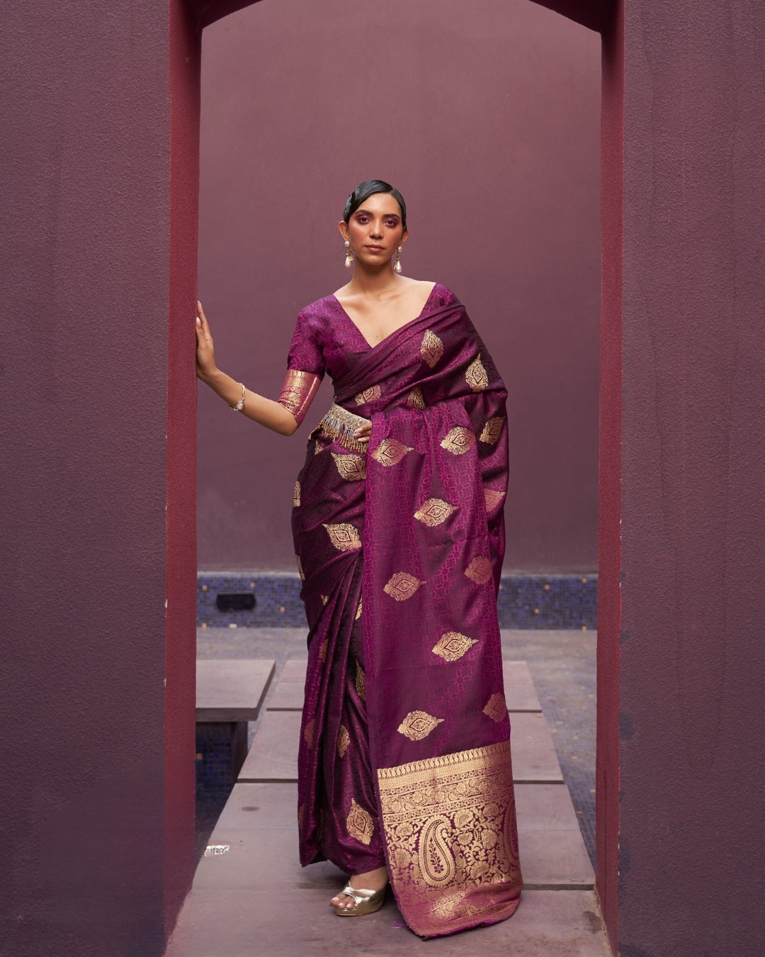Wine Satin Silk Self woven saree