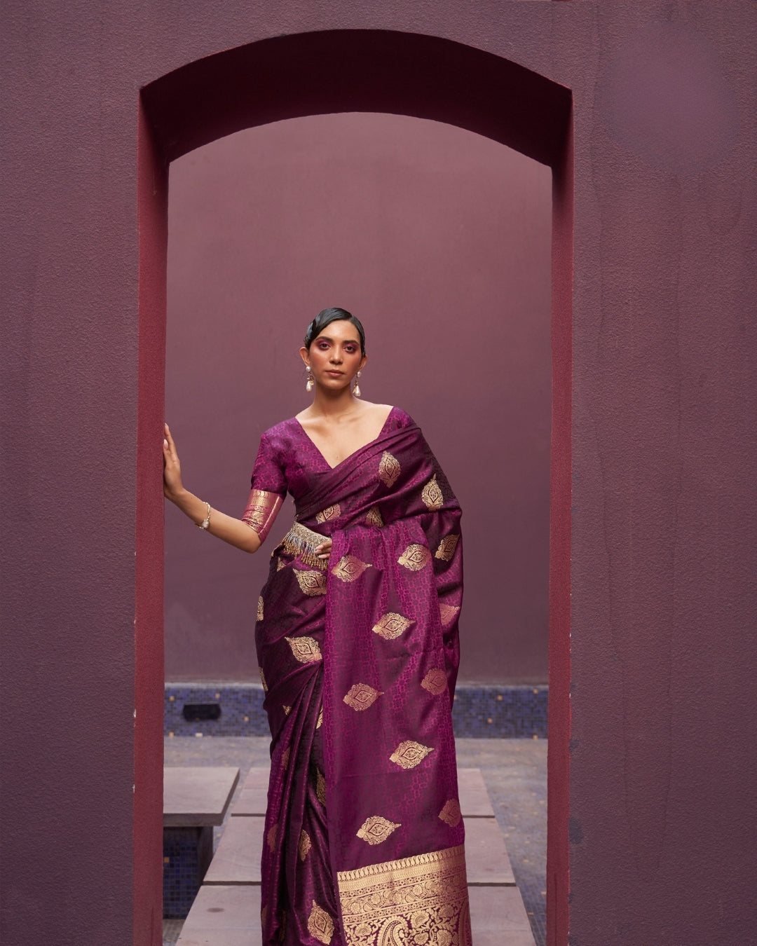Wine Satin Silk Self woven saree