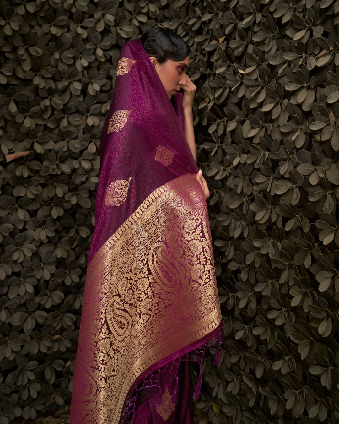 Wine Satin Silk Self woven saree