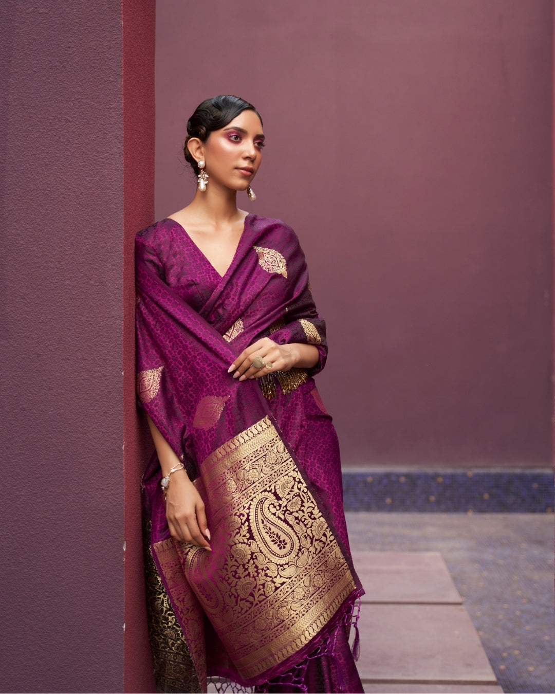 Wine Satin Silk Self woven saree