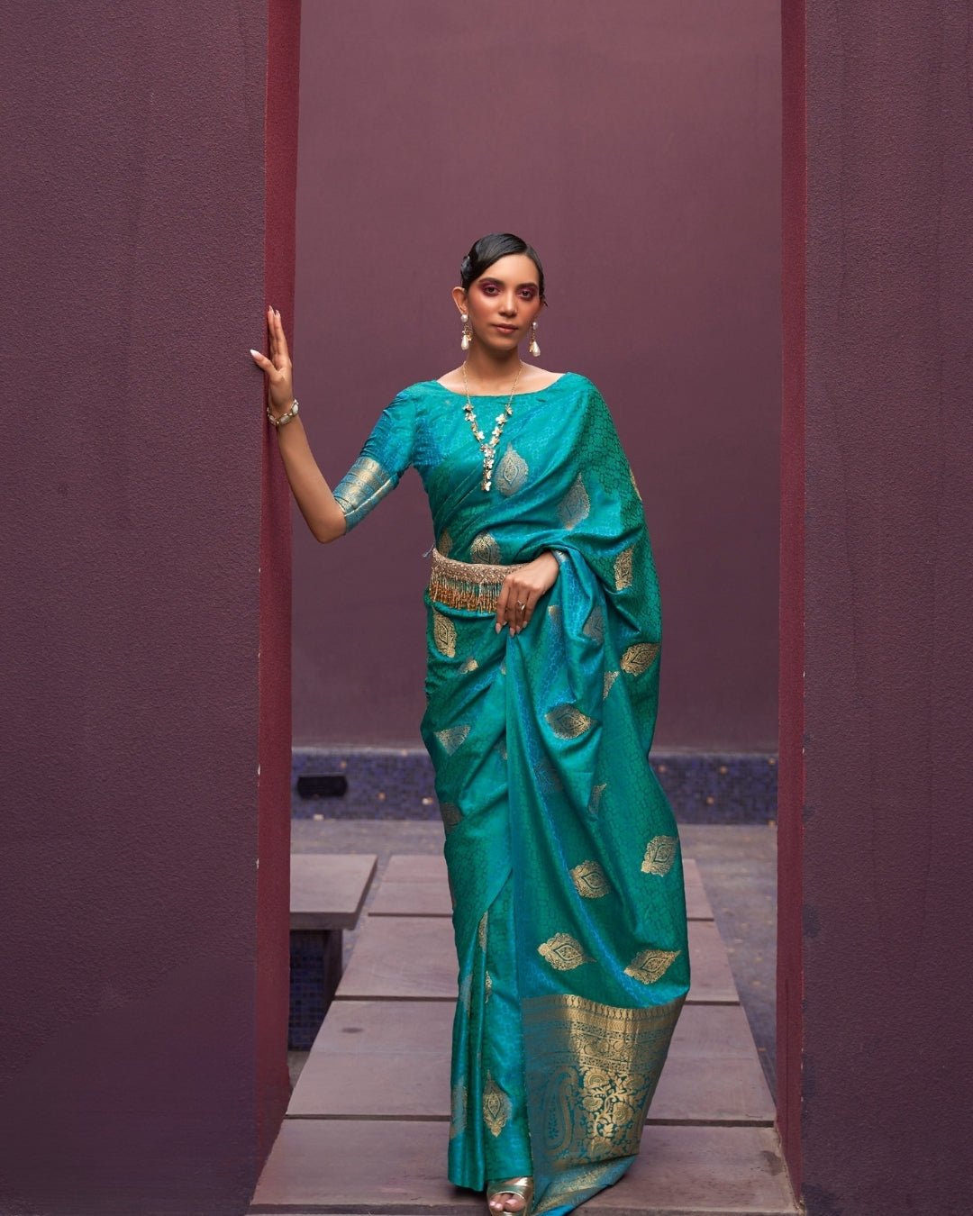 Blue  Satin Silk Self woven saree