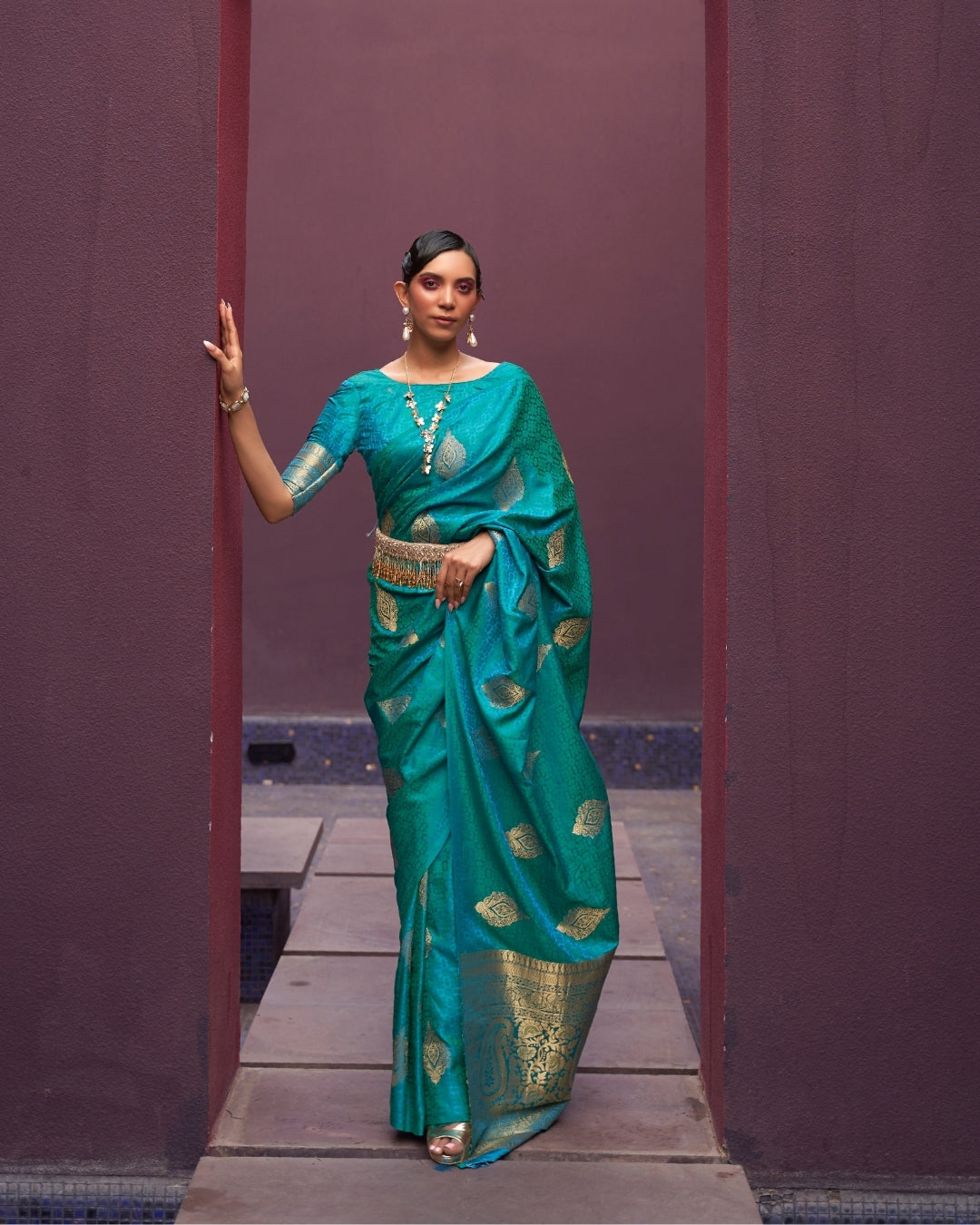 Blue  Satin Silk Self woven saree