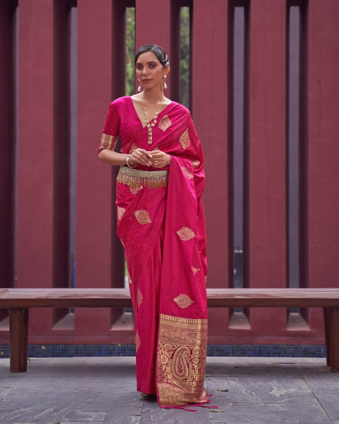 Pink  Satin Silk Self woven saree
