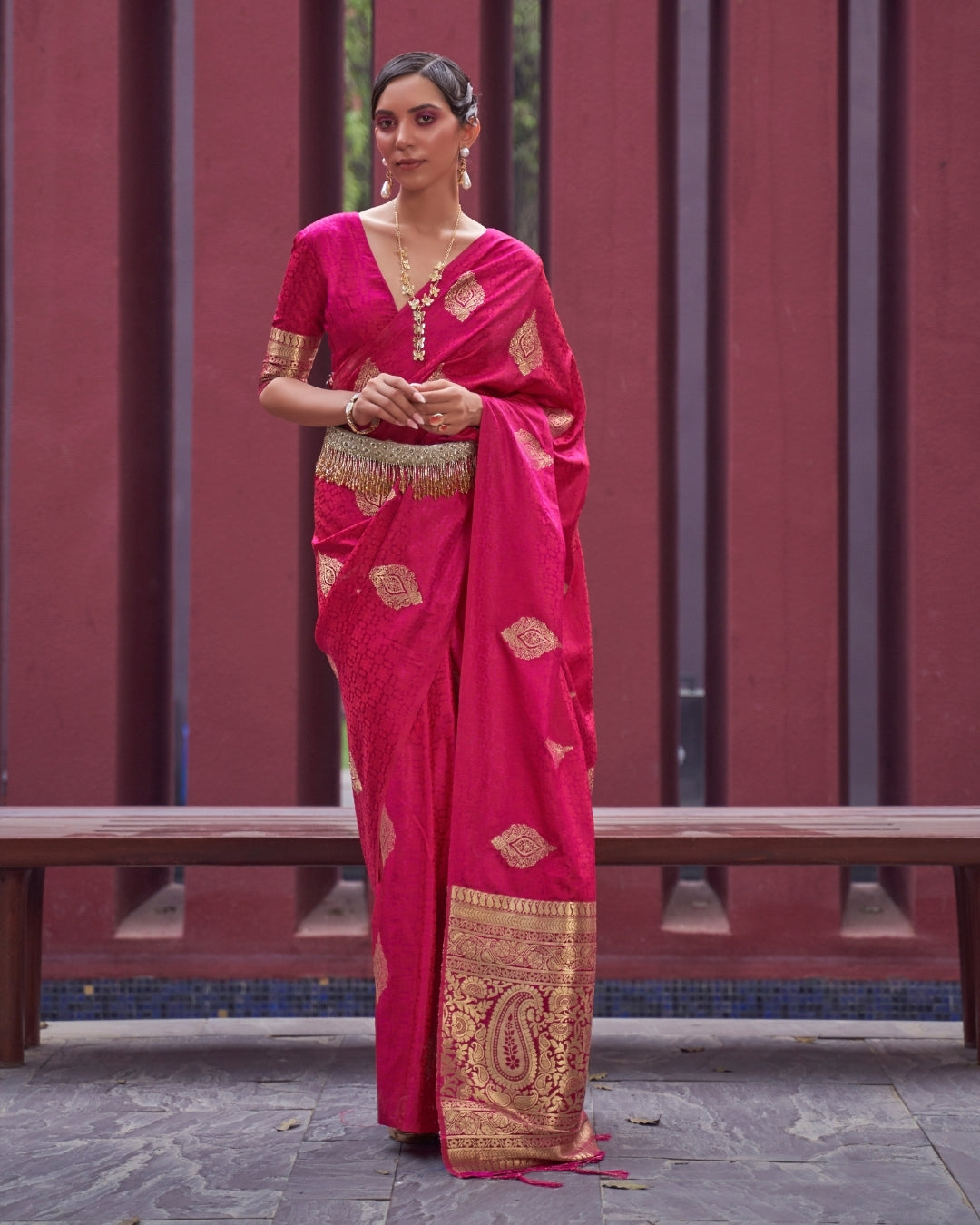 Pink  Satin Silk Self woven saree