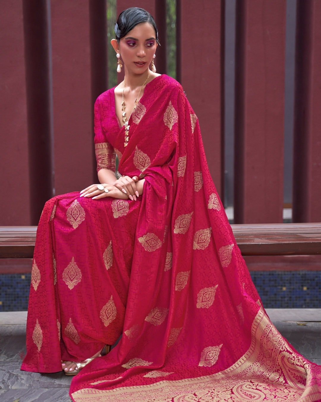 Pink  Satin Silk Self woven saree