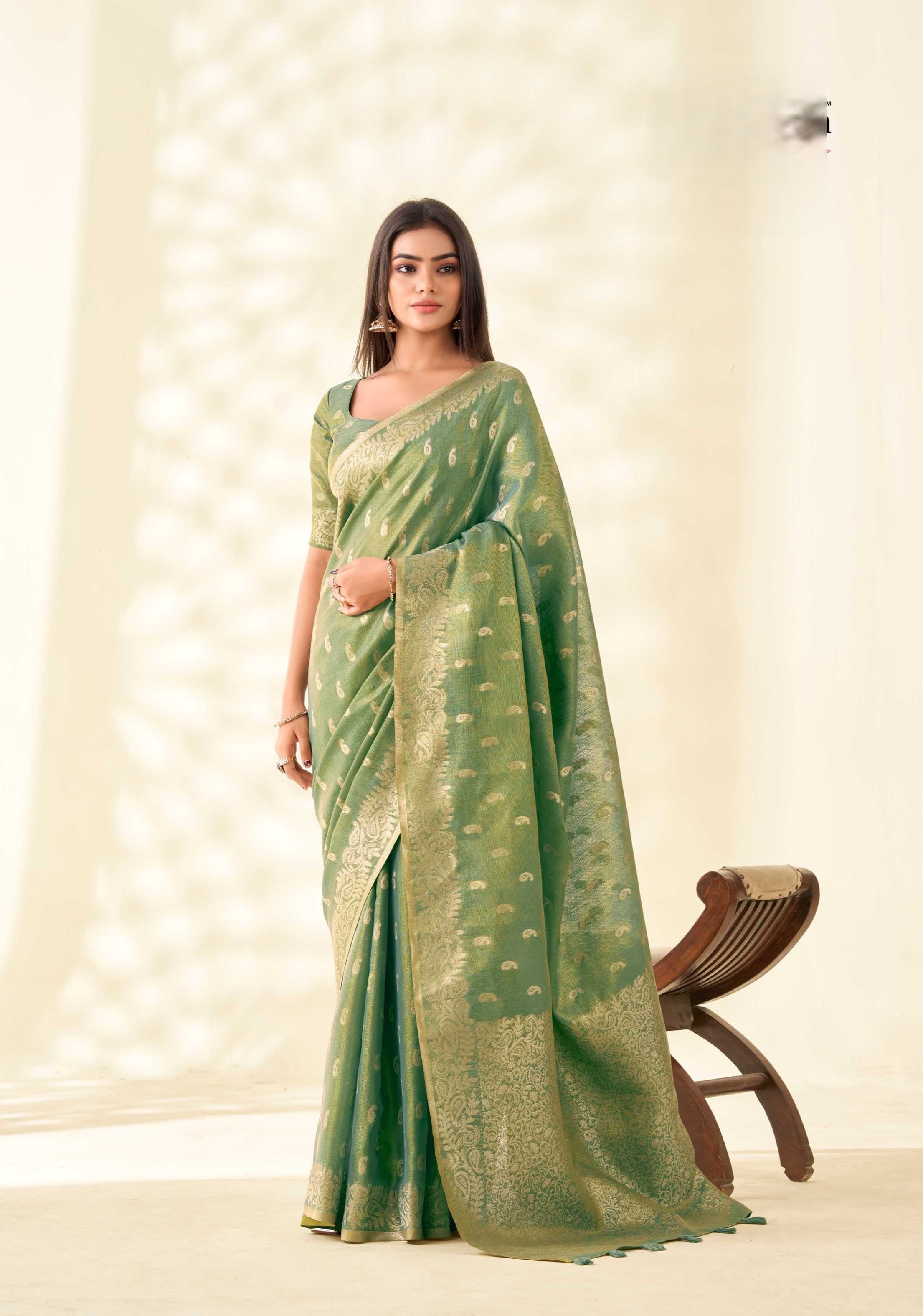 Green Tissue Linen  banarasi Saree with Ambi Butti Pattern