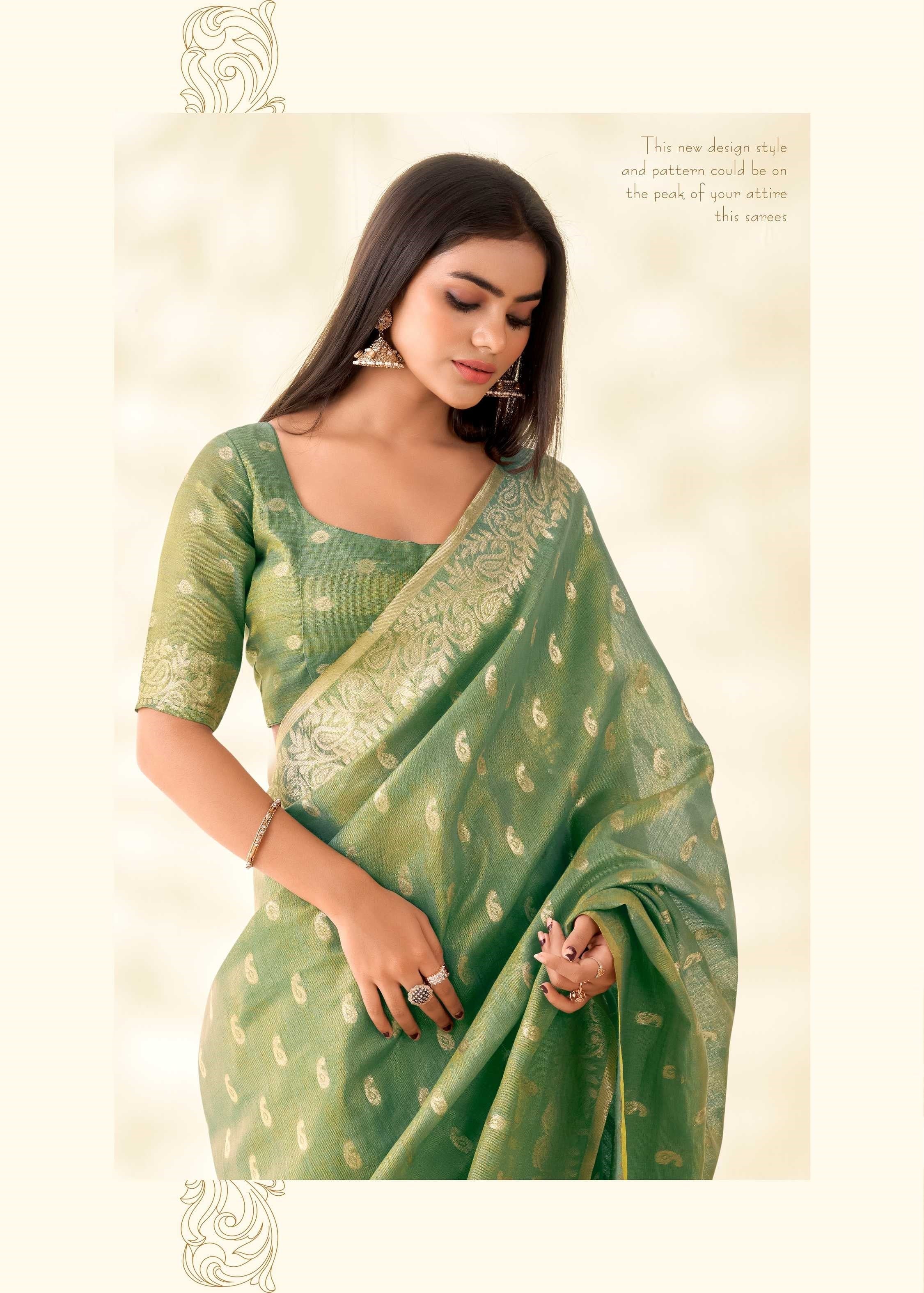 Green Tissue Linen  banarasi Saree with Ambi Butti Pattern