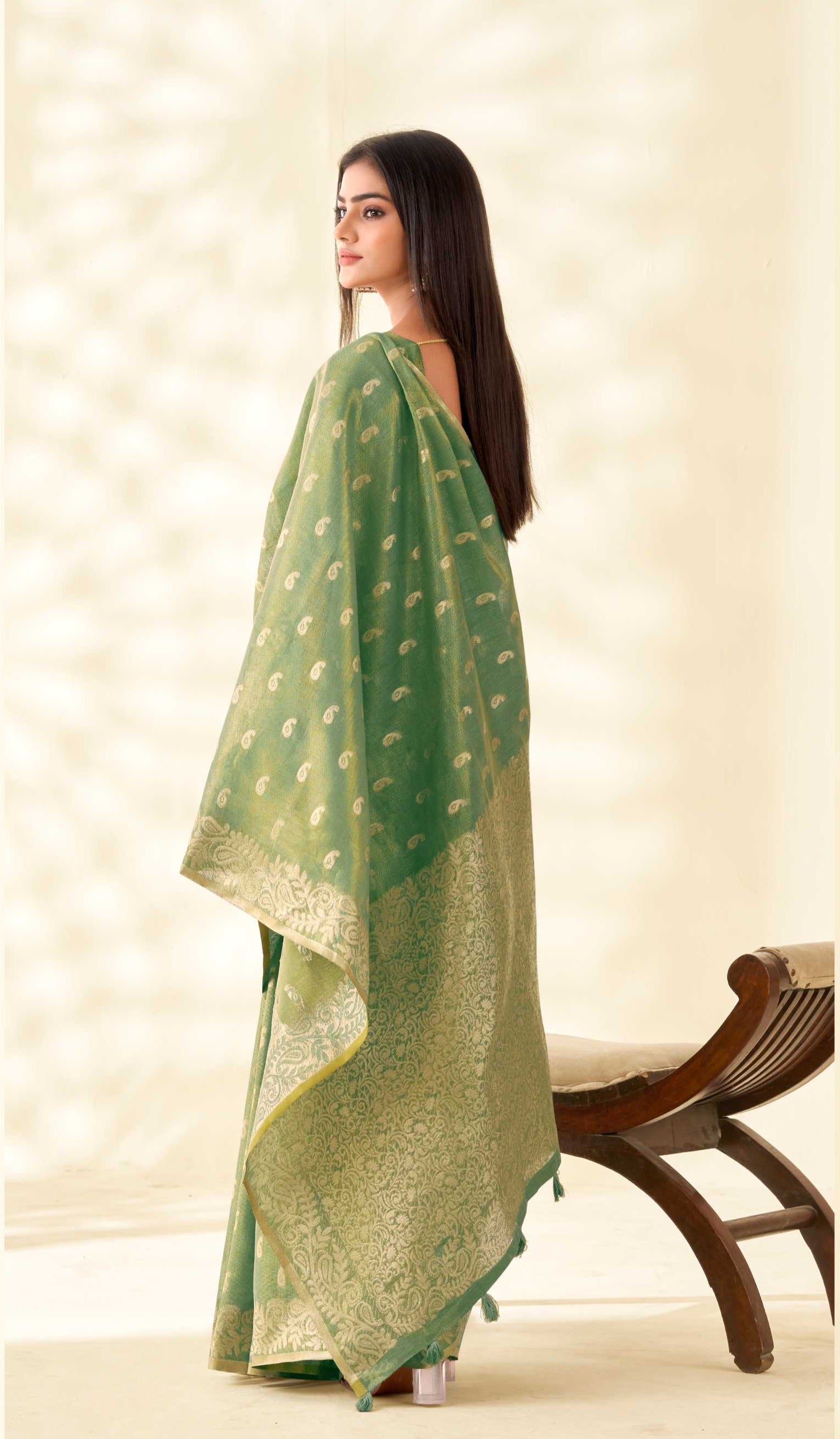 Green Tissue Linen  banarasi Saree with Ambi Butti Pattern
