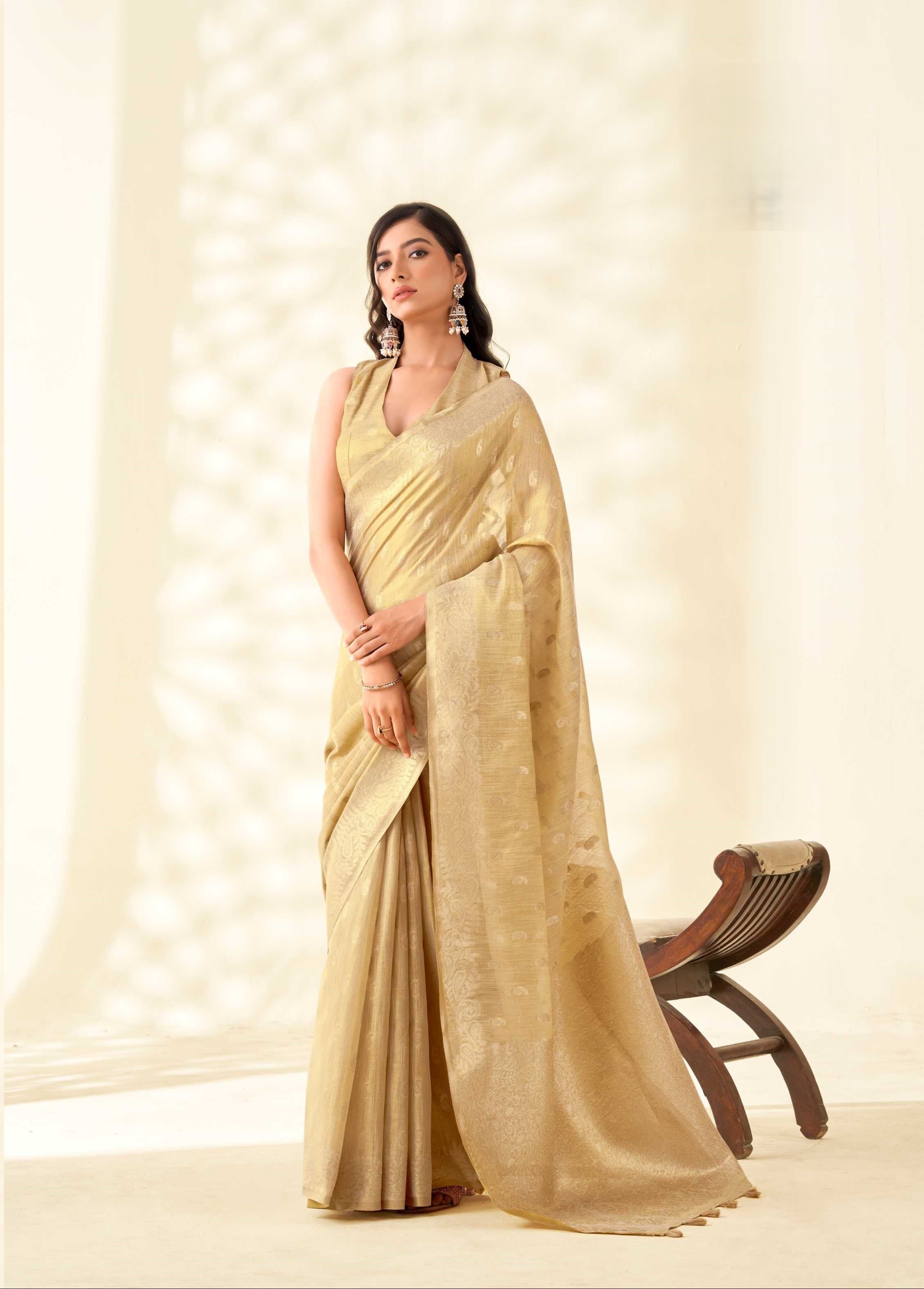 Gold Tissue Linen banarasi Saree with Ambi Butti Pattern