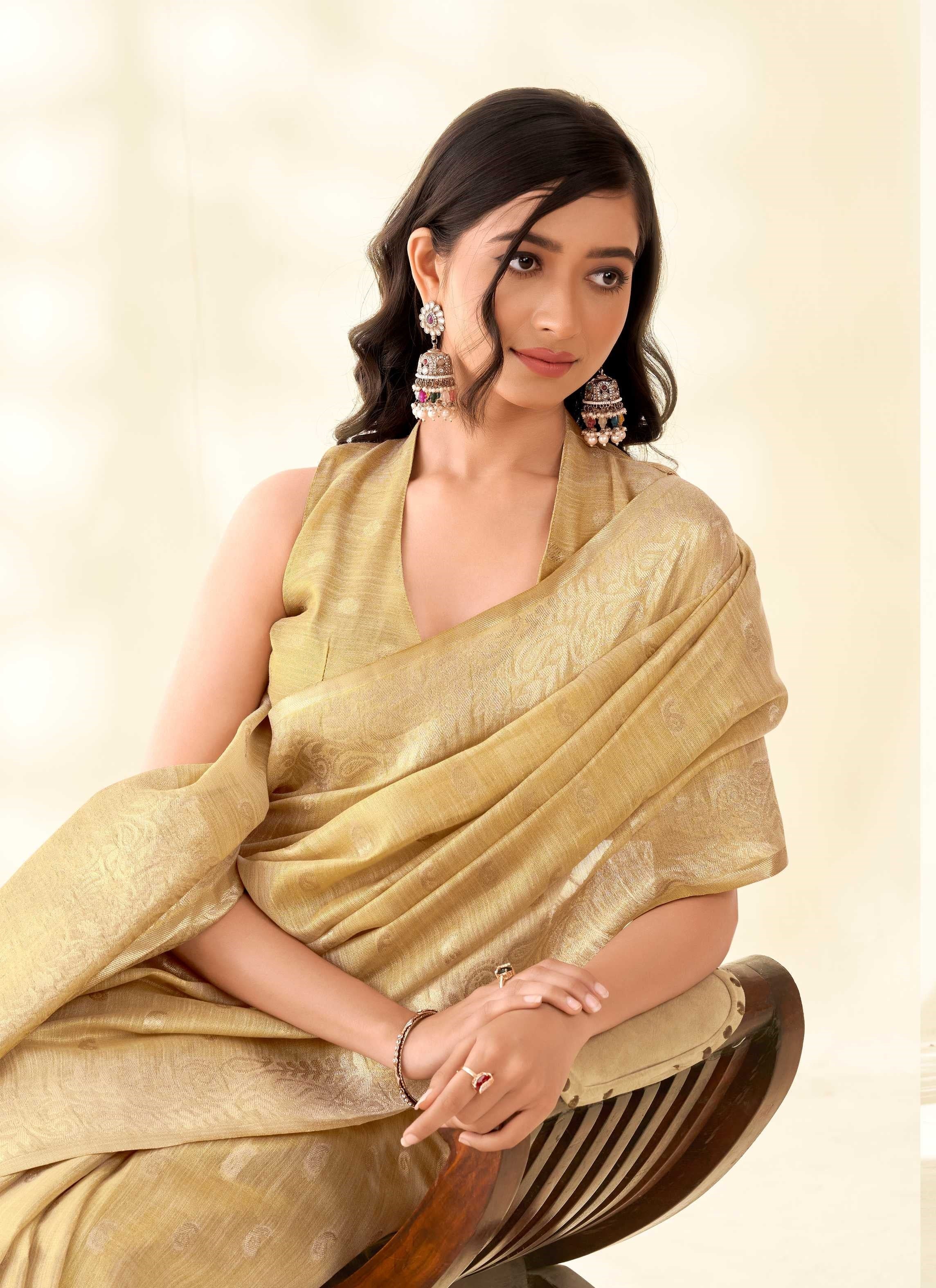 Gold Tissue Linen banarasi Saree with Ambi Butti Pattern