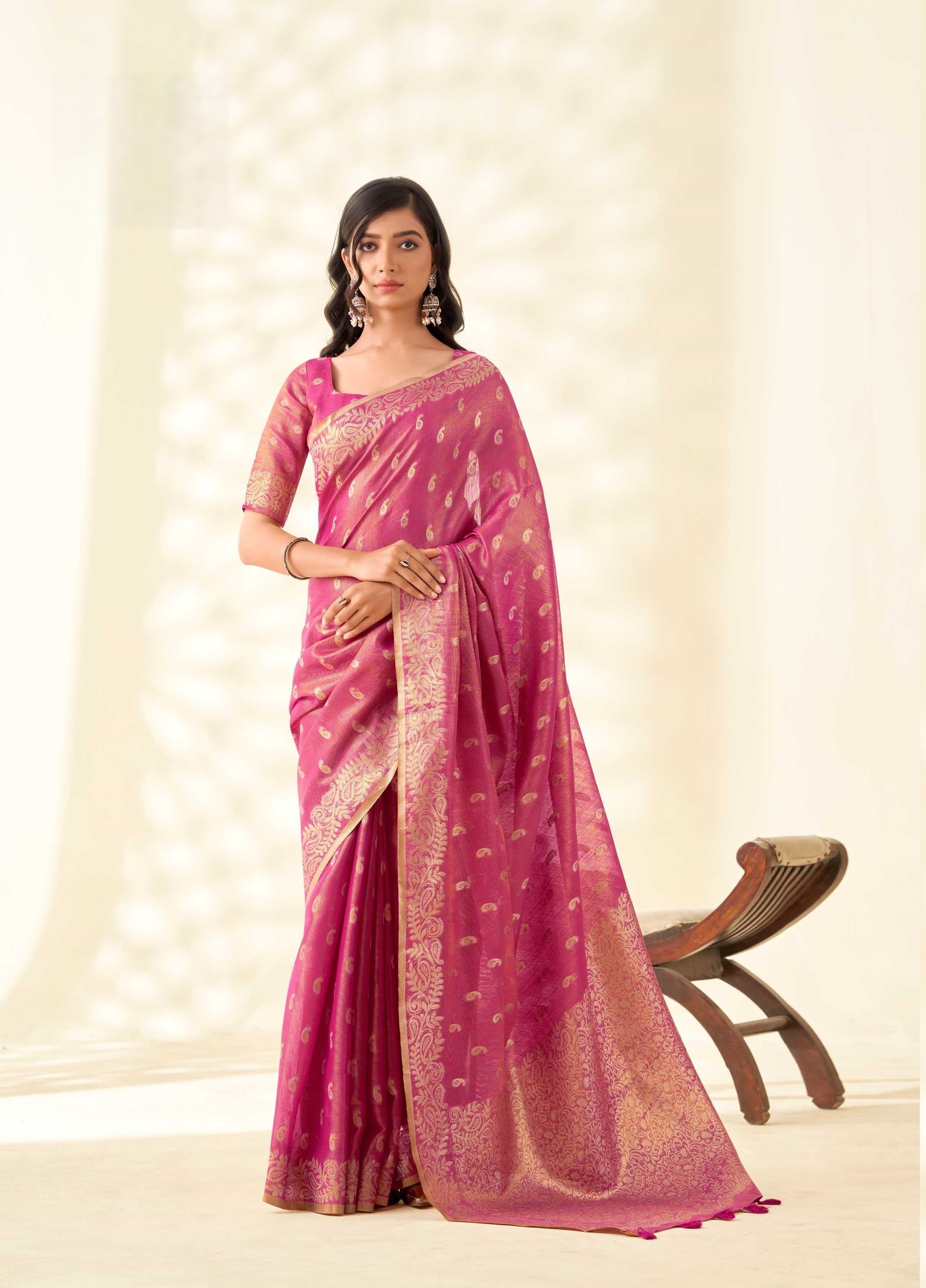 Pink Tissue Linen Banarasi Saree with Ambi Butti Pattern