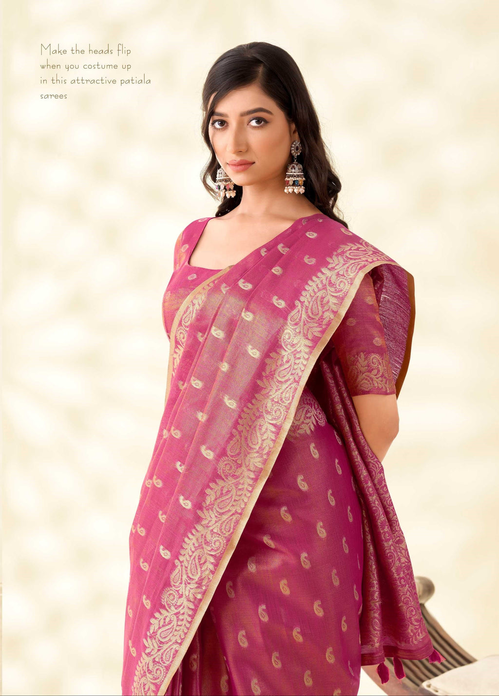 Pink Tissue Linen Banarasi Saree with Ambi Butti Pattern