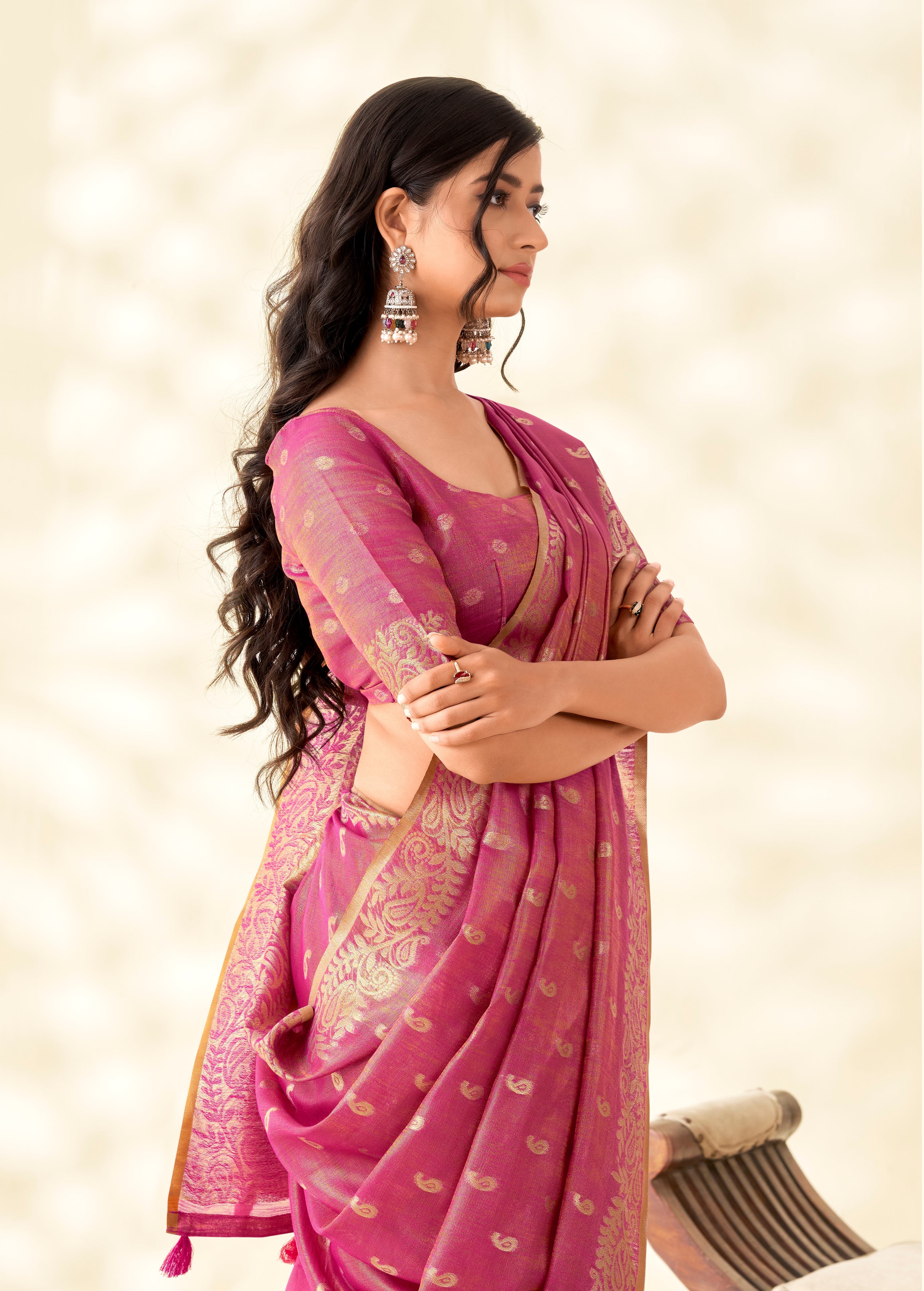 Pink Tissue Linen Banarasi Saree with Ambi Butti Pattern