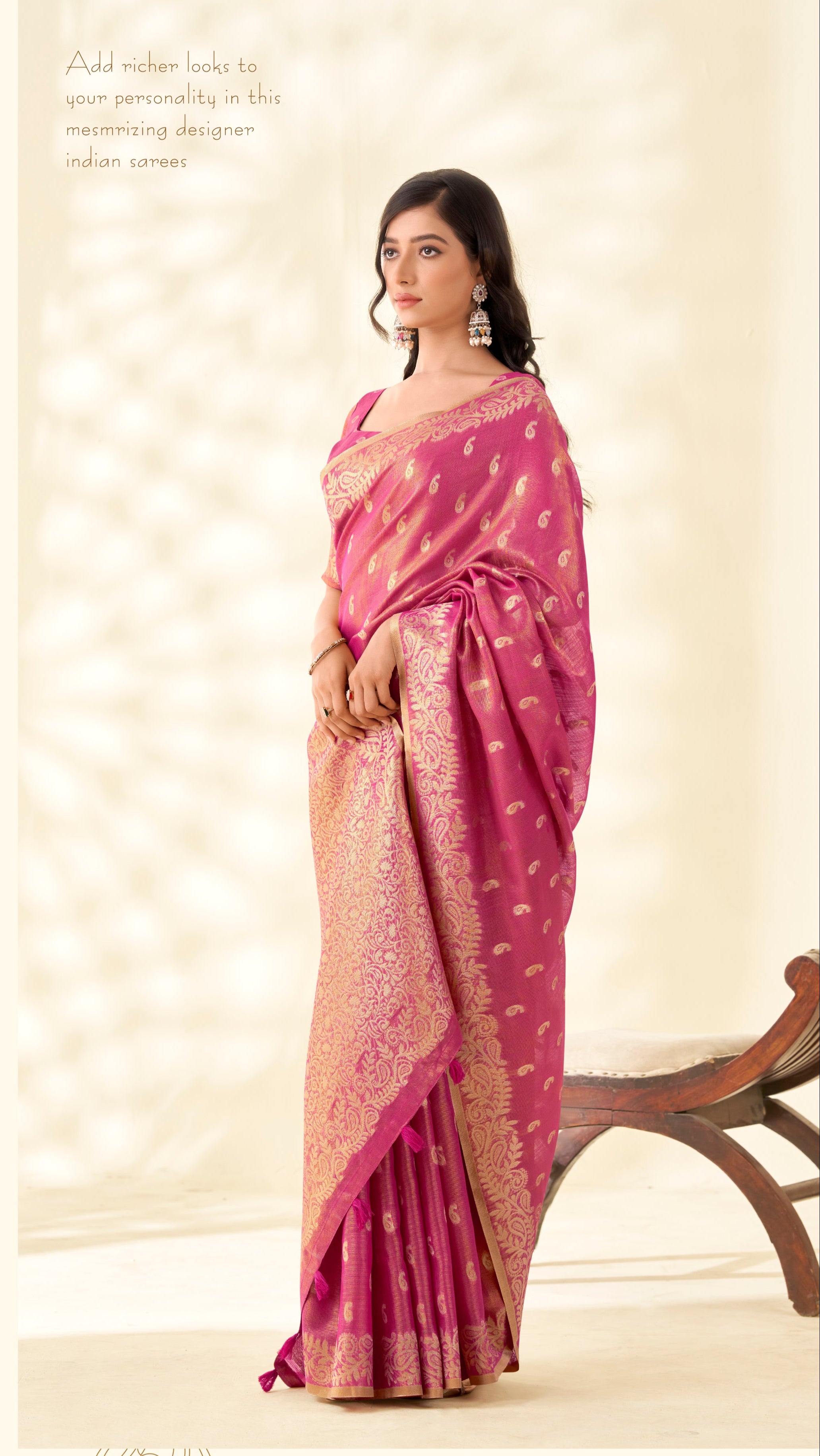Pink Tissue Linen Banarasi Saree with Ambi Butti Pattern