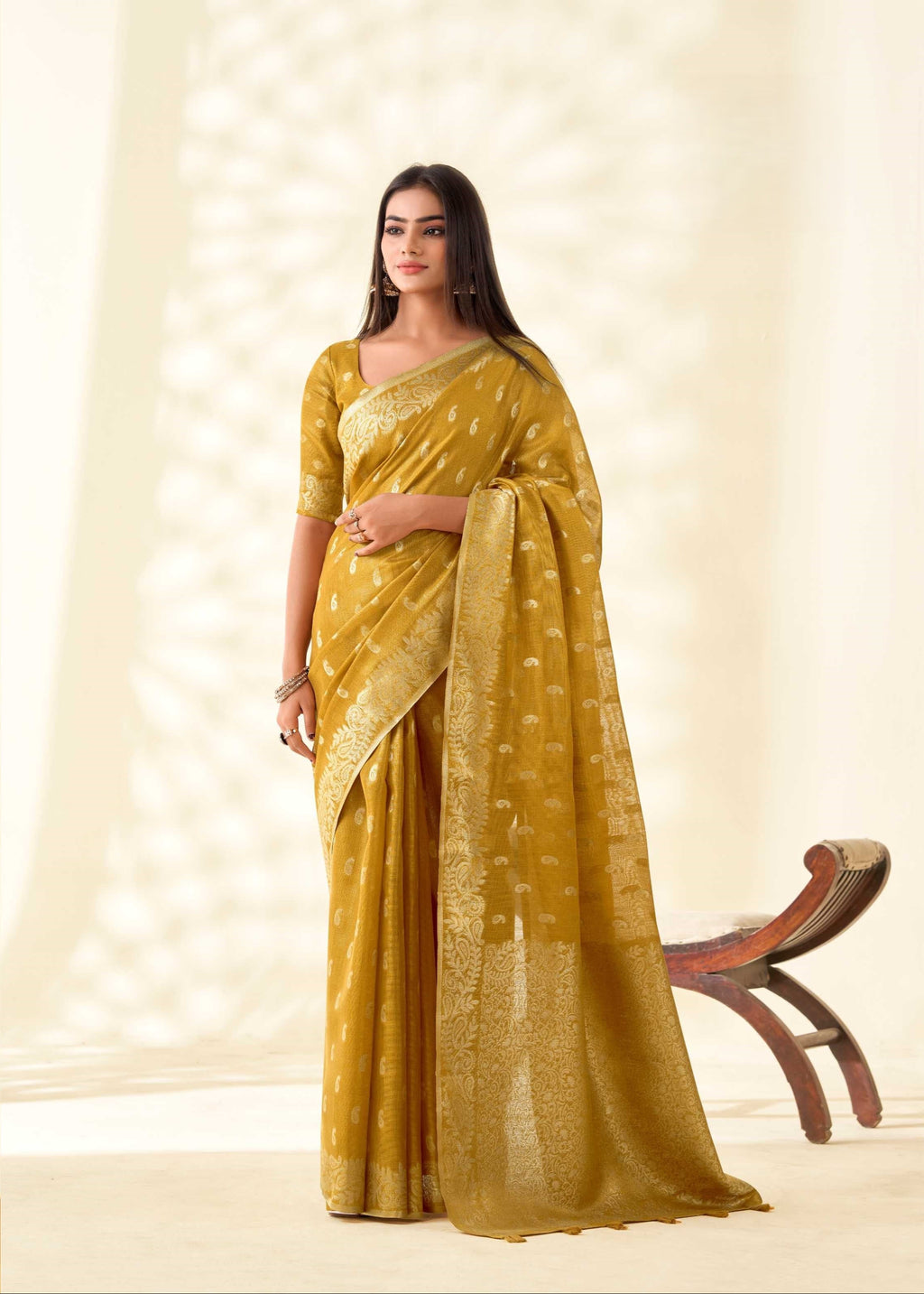 Yellow Tissue Linen bnarasi Saree with Ambi Butti Pattern