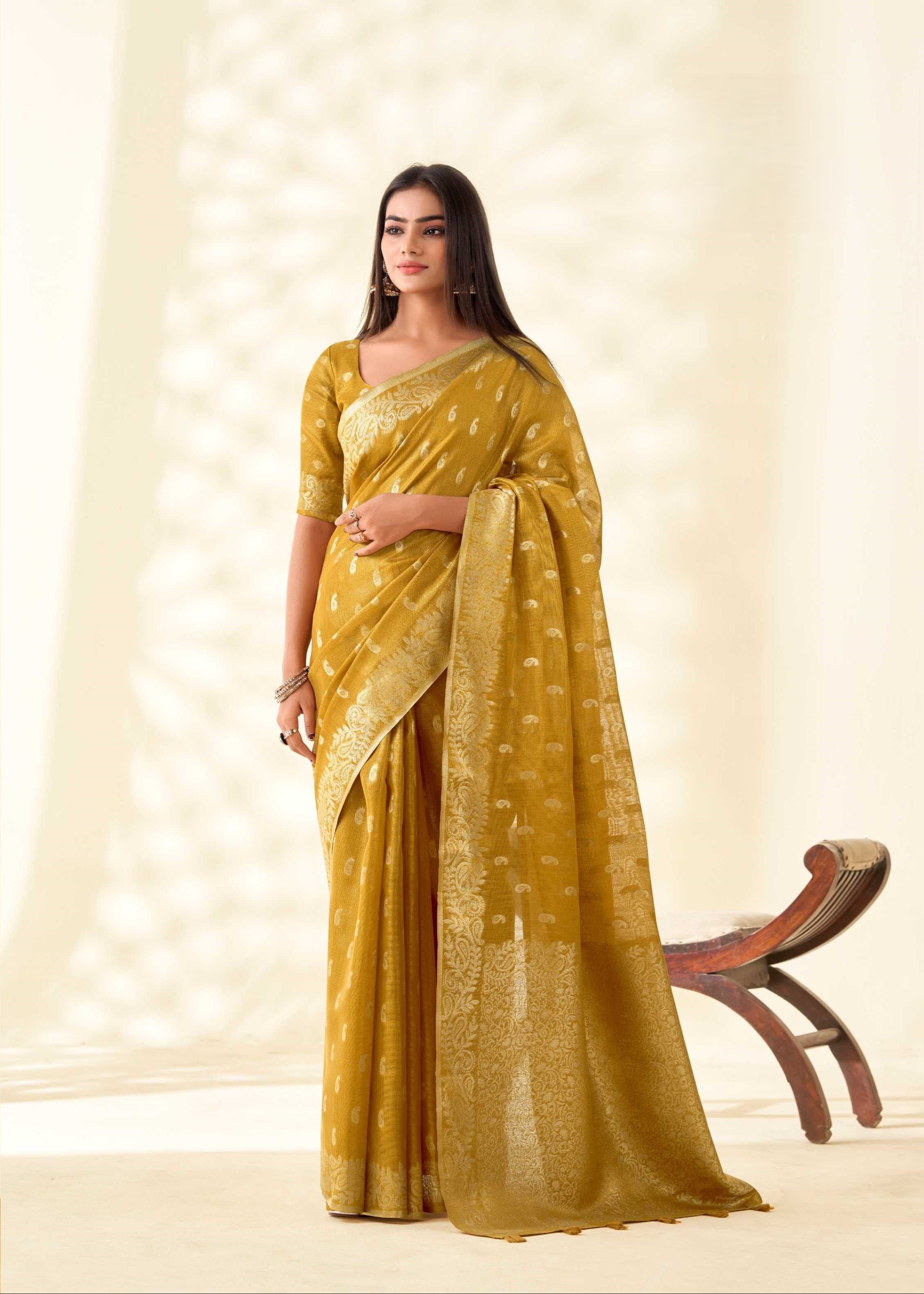 Yellow Tissue Linen bnarasi Saree with Ambi Butti Pattern