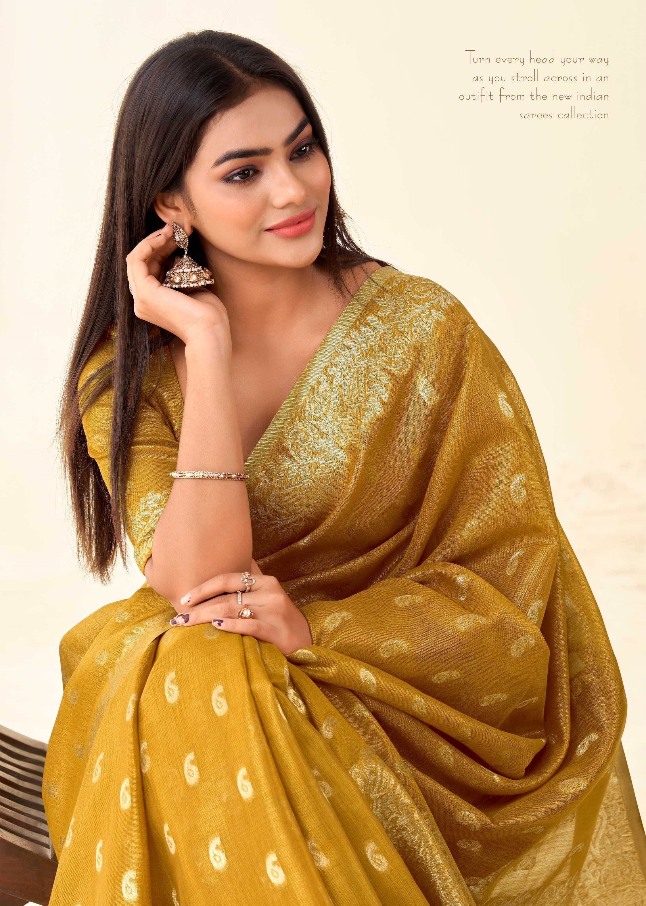 Yellow Tissue Linen bnarasi Saree with Ambi Butti Pattern