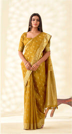 Yellow Tissue Linen bnarasi Saree with Ambi Butti Pattern
