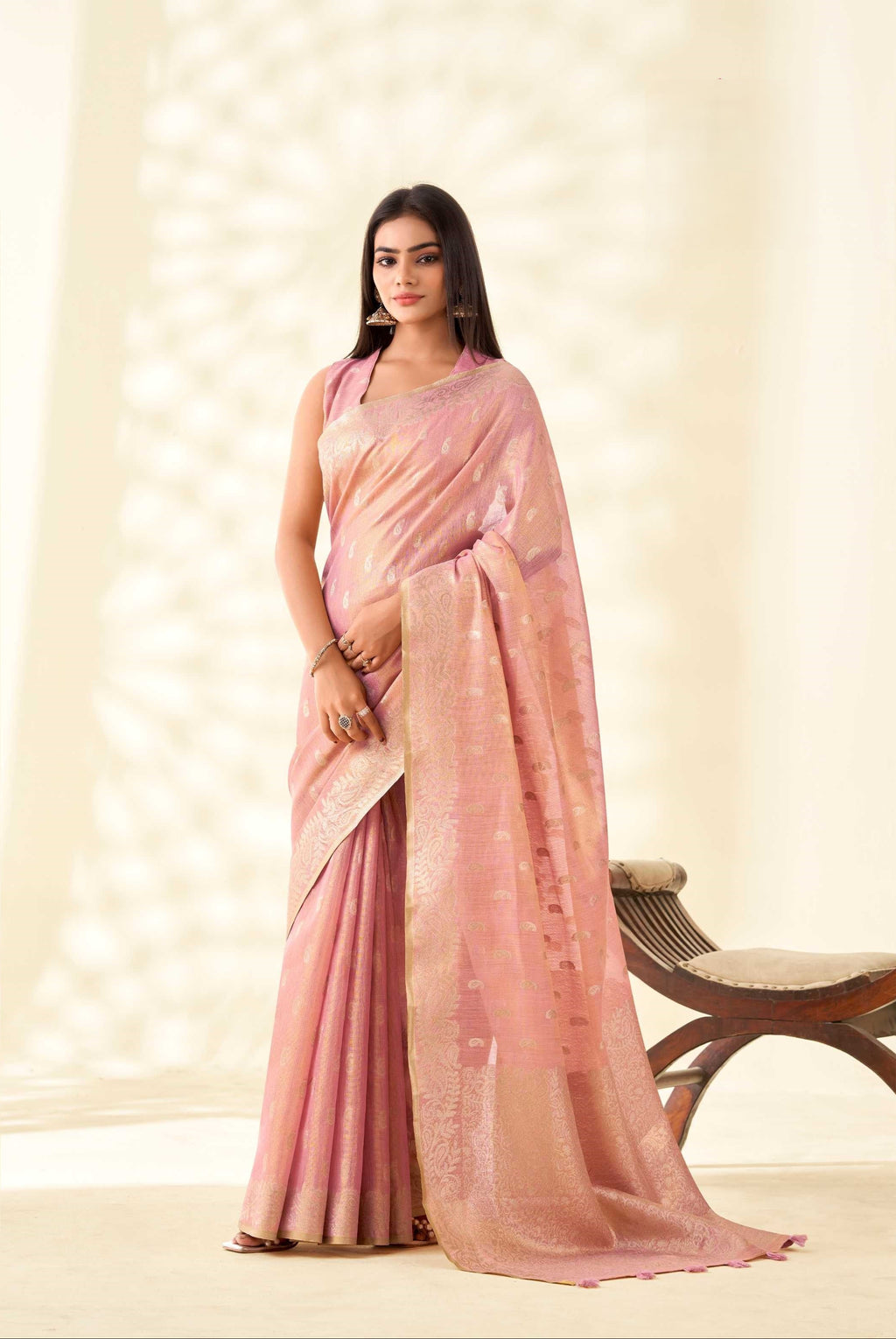 Light Pink Tissue Linen  Banarasi Saree with Ambi Butti Pattern