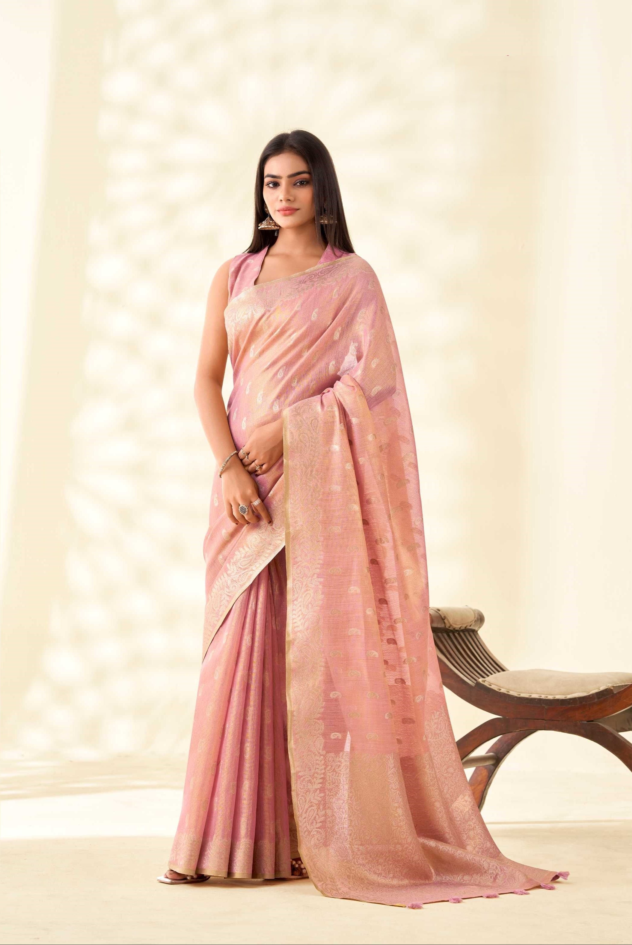 Light Pink Tissue Linen  Banarasi Saree with Ambi Butti Pattern