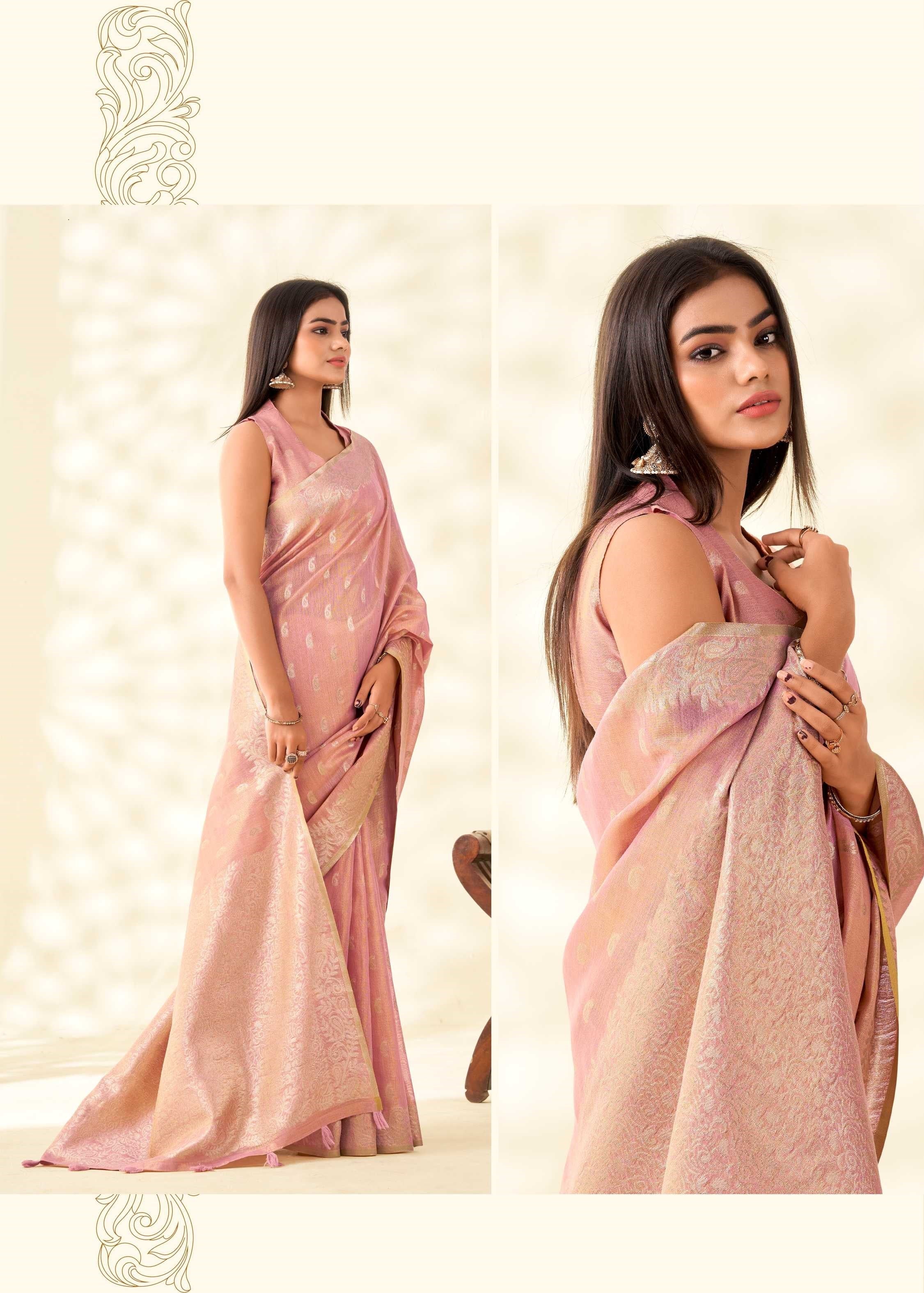 Light Pink Tissue Linen  Banarasi Saree with Ambi Butti Pattern