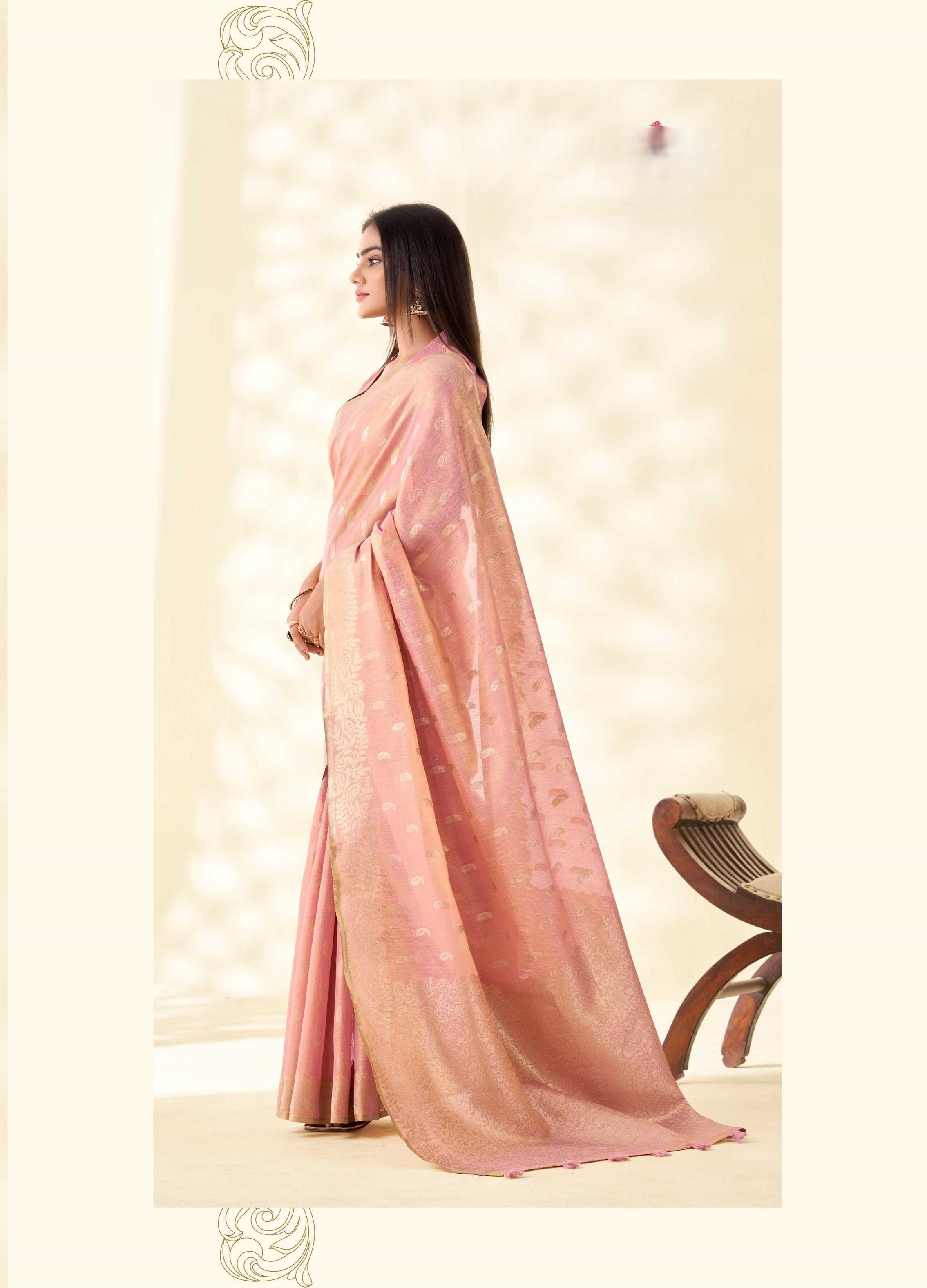 Light Pink Tissue Linen  Banarasi Saree with Ambi Butti Pattern