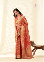Orange Tissue Linen banarasi Saree with Ambi Butti Pattern
