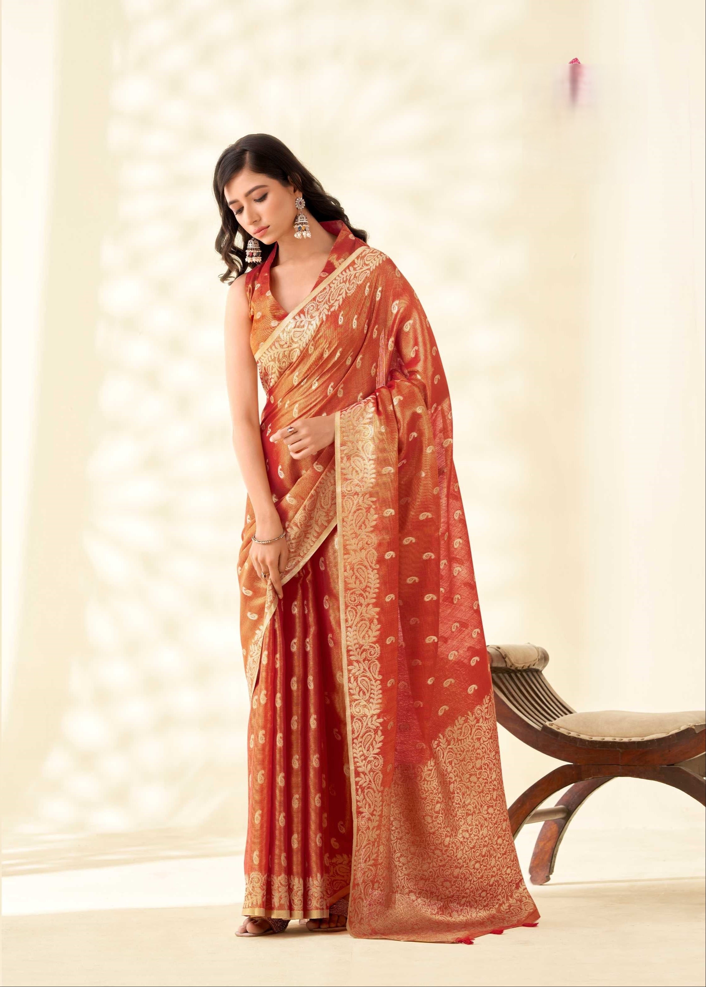 Orange Tissue Linen banarasi Saree with Ambi Butti Pattern