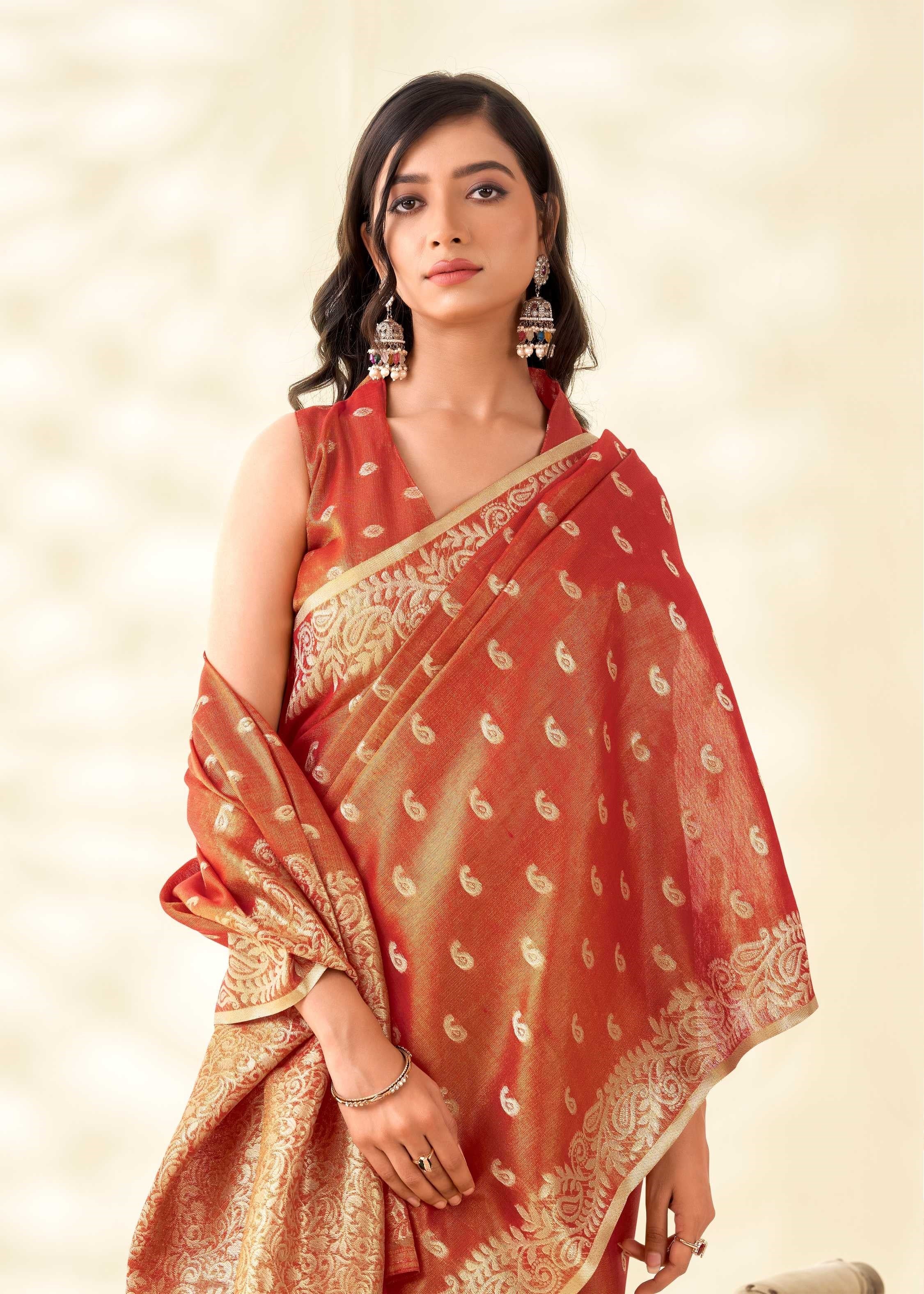 Orange Tissue Linen banarasi Saree with Ambi Butti Pattern