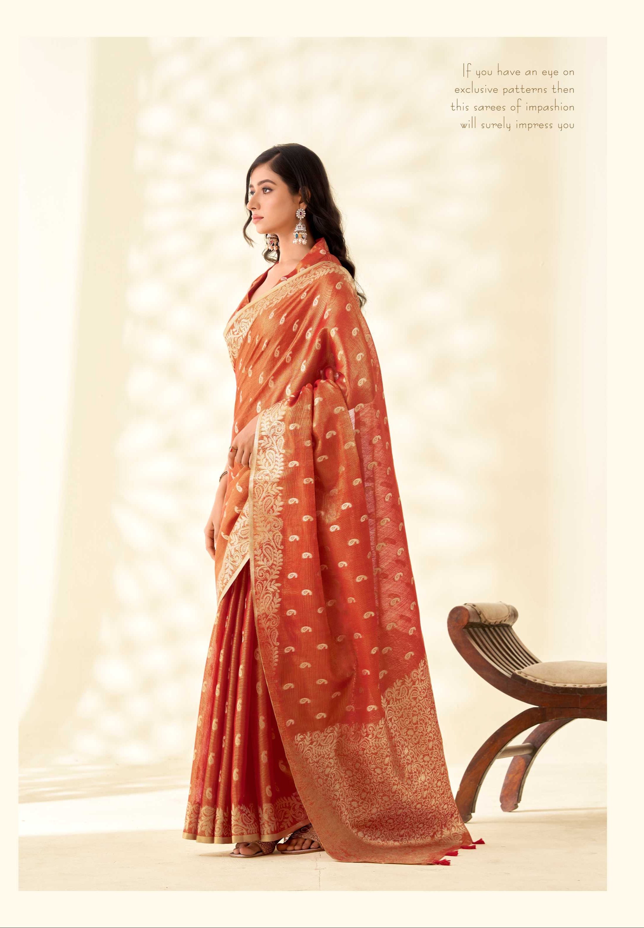 Orange Tissue Linen banarasi Saree with Ambi Butti Pattern