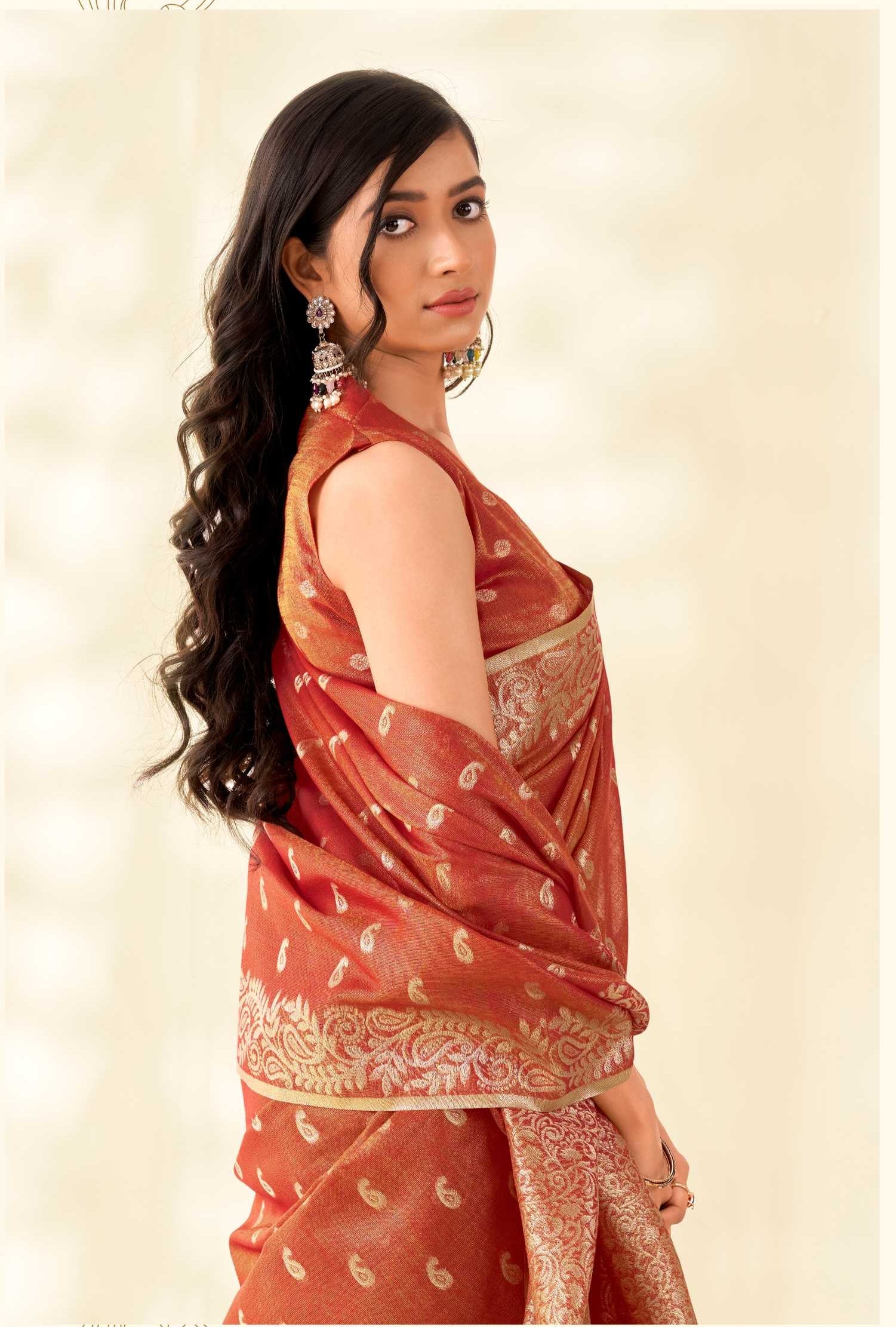 Orange Tissue Linen banarasi Saree with Ambi Butti Pattern