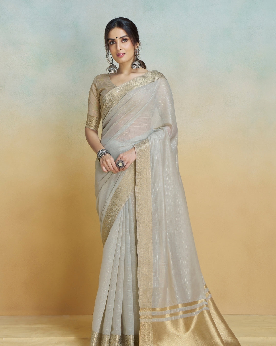 Grey Khadi silk with golden borders