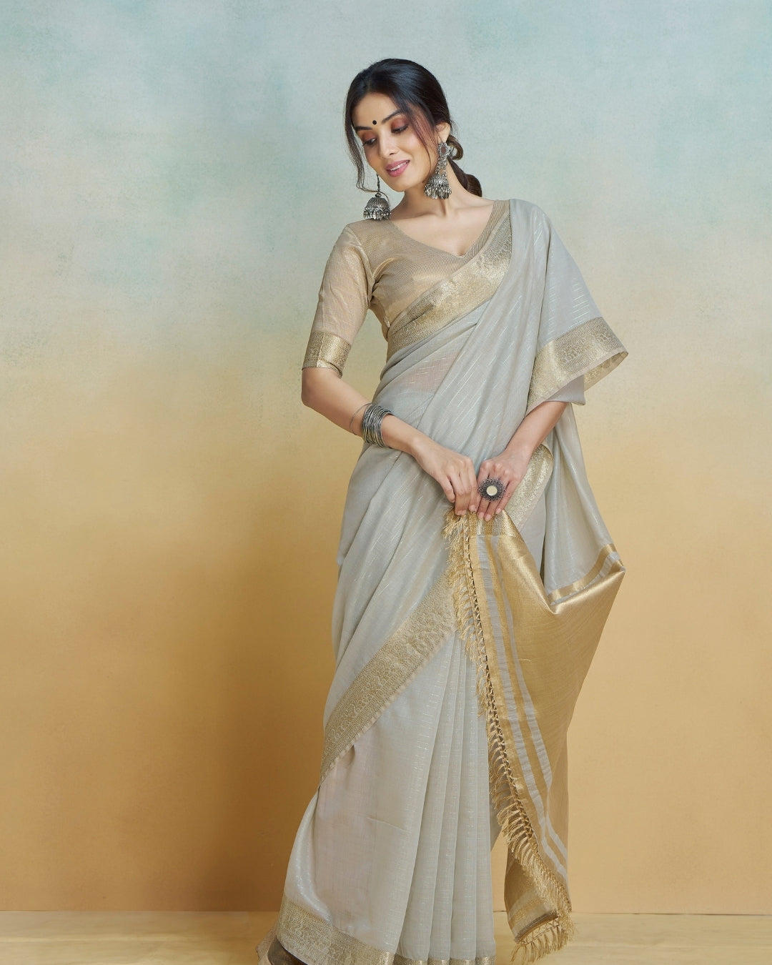 Grey Khadi silk with golden borders