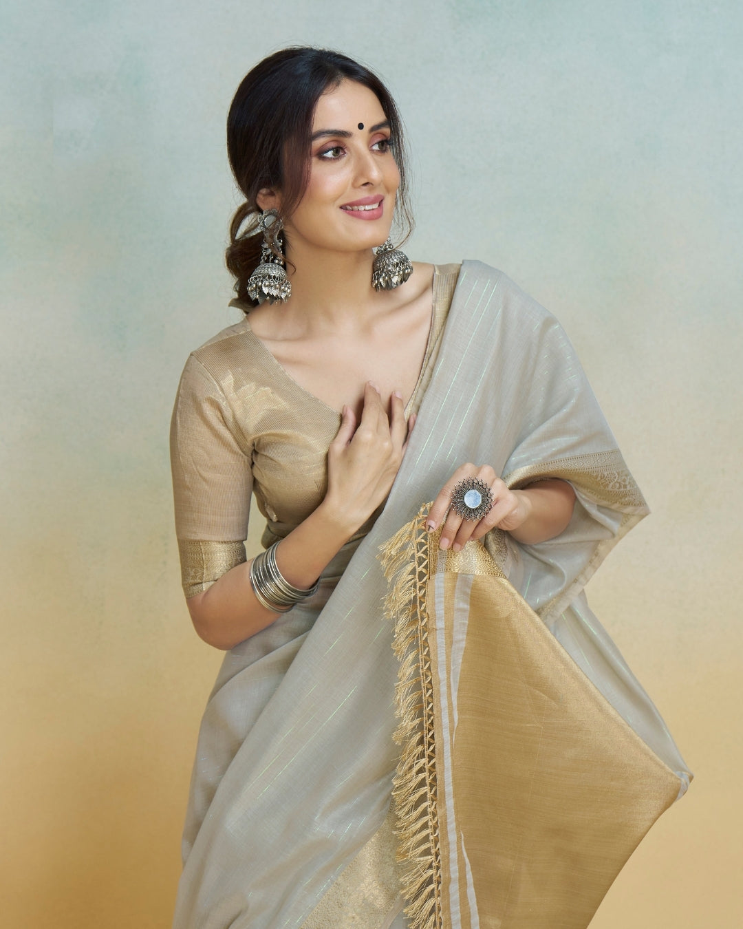 Grey Khadi silk with golden borders
