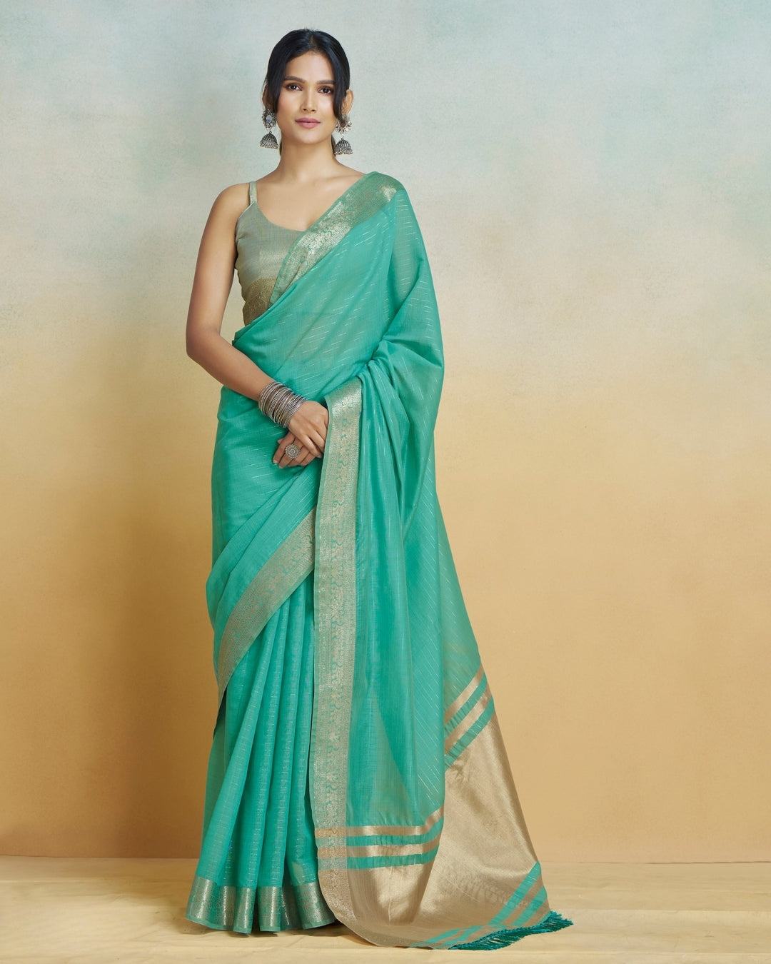 Blue Khadi silk with golden borders