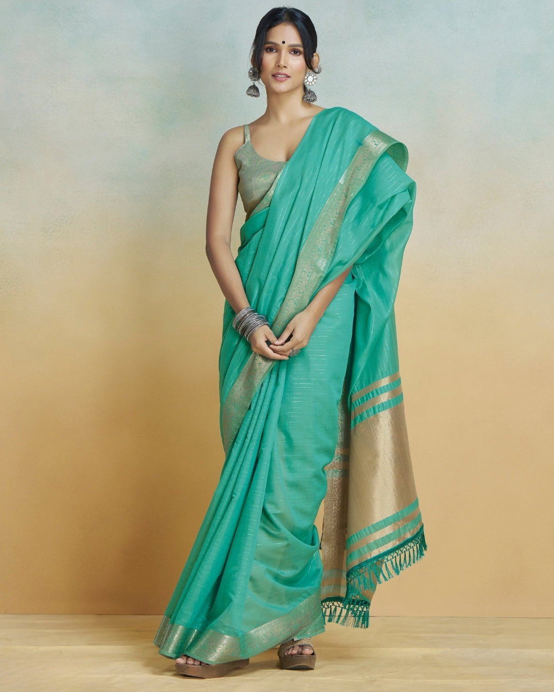 Blue Khadi silk with golden borders