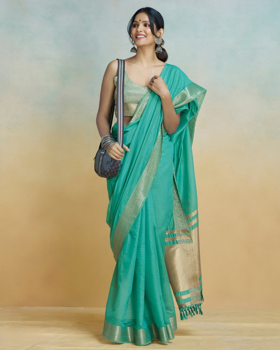 Blue Khadi silk with golden borders