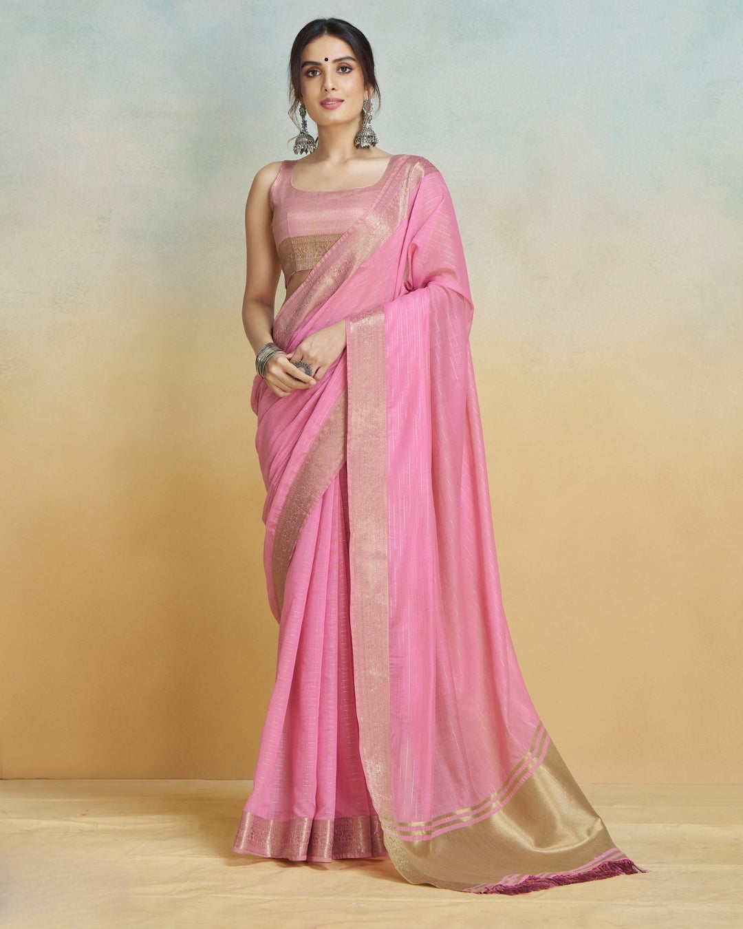 Pink Khadi silk with golden borders