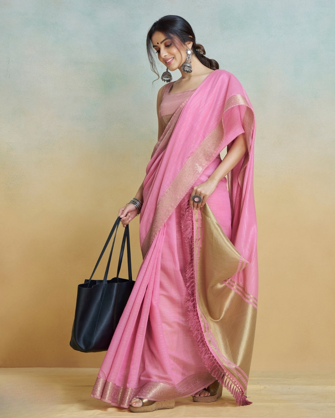 Pink Khadi silk with golden borders