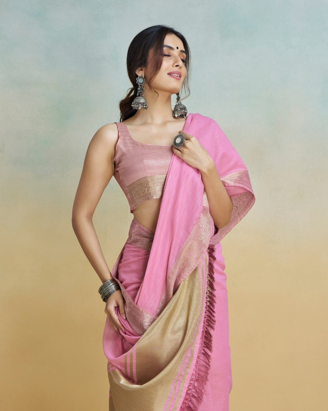 Pink Khadi silk with golden borders