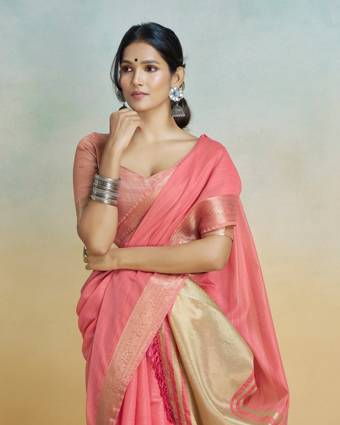 Peachy Pink  Khadi silk with golden borders