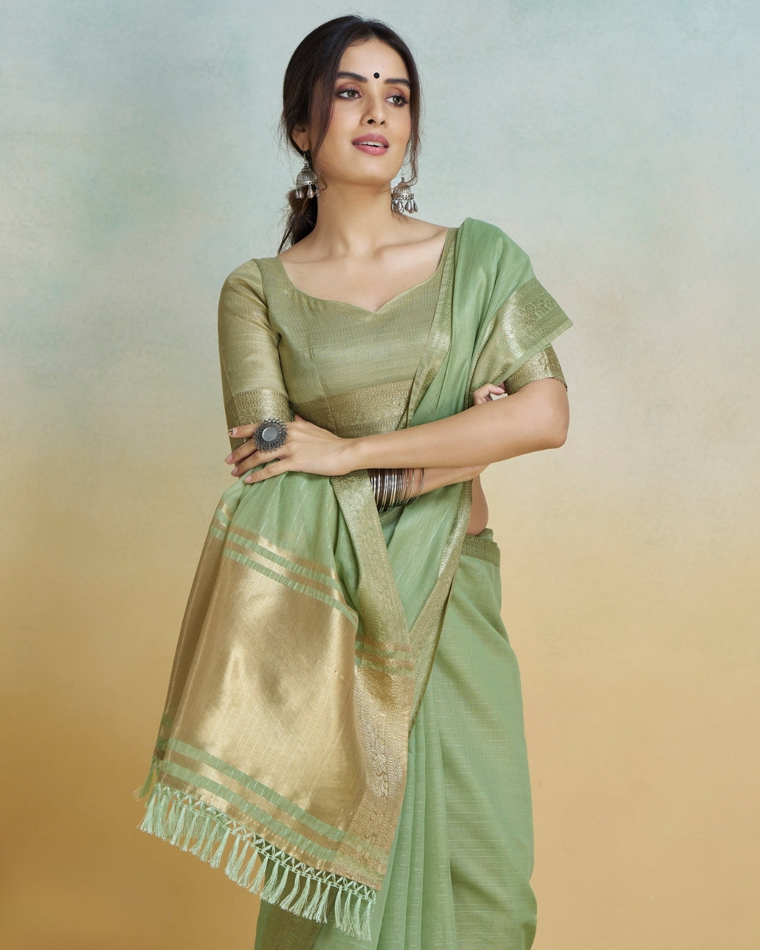 Green  Khadi silk with golden borders