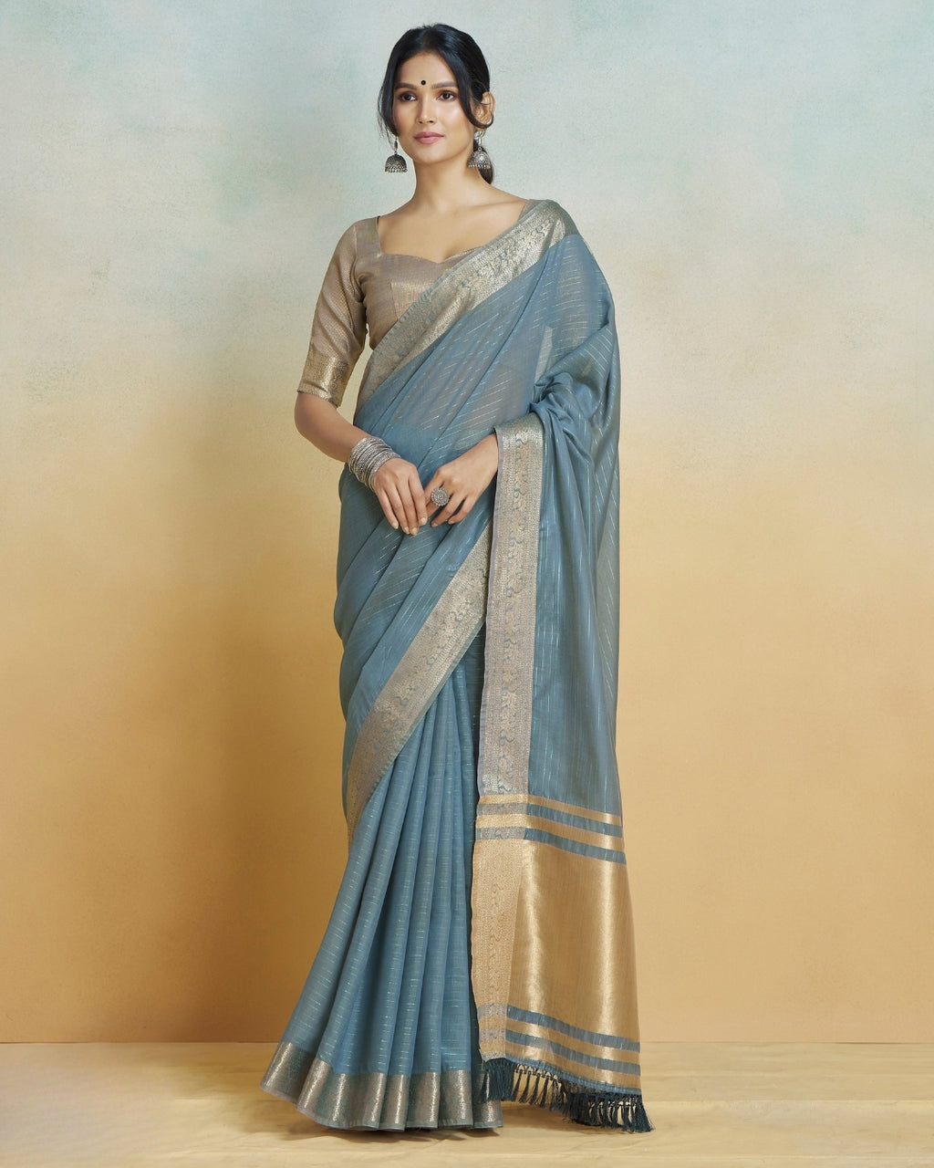 Cobalt Blue Khadi silk with golden borders