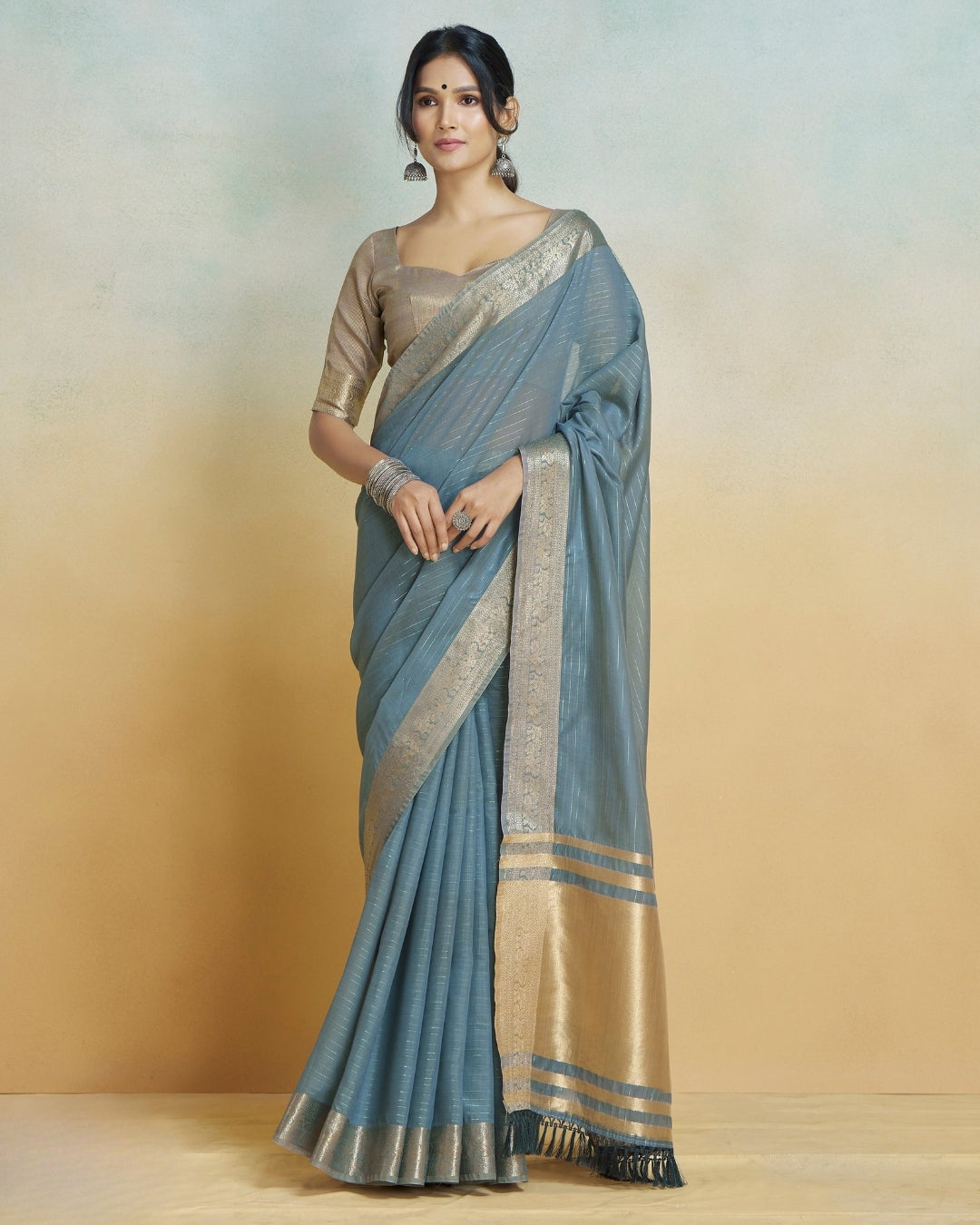 Cobalt Blue Khadi silk with golden borders