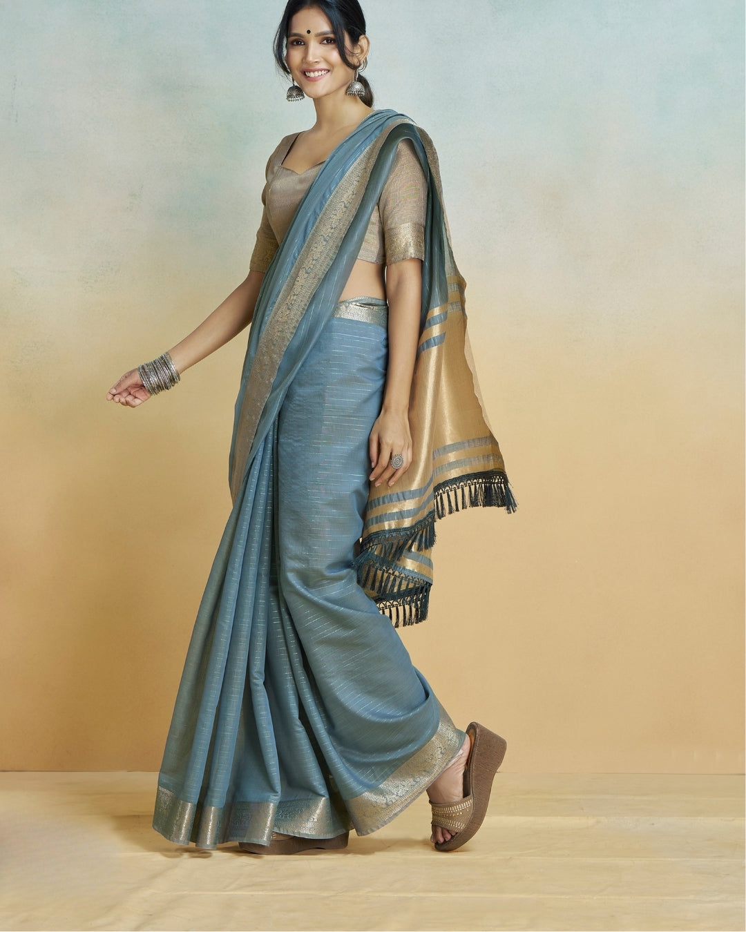 Cobalt Blue Khadi silk with golden borders