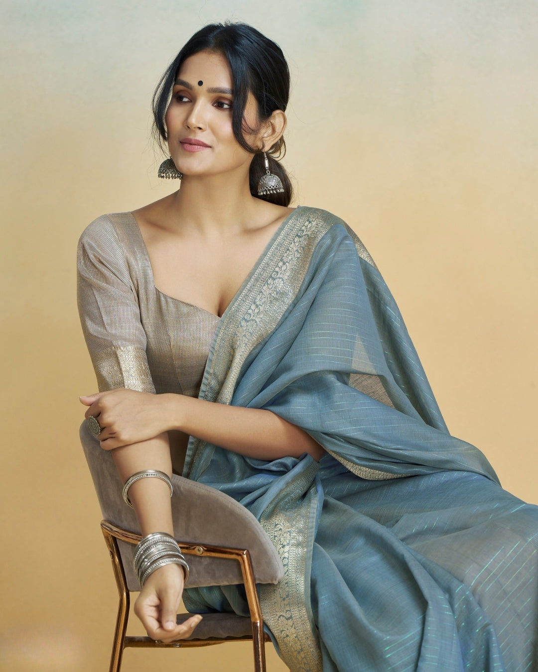 Cobalt Blue Khadi silk with golden borders